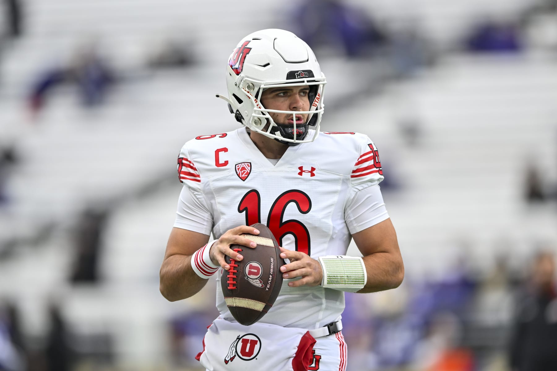 SEATTLE, WASHINGTON - NOVEMBER 11: Bryson Barnes #16 of the Utah Utes warms up before the game against the Washington Huskies at Husky Stadium on November 11, 2023 in Seattle, Washington. (Photo by Alika Jenner/Getty Images)