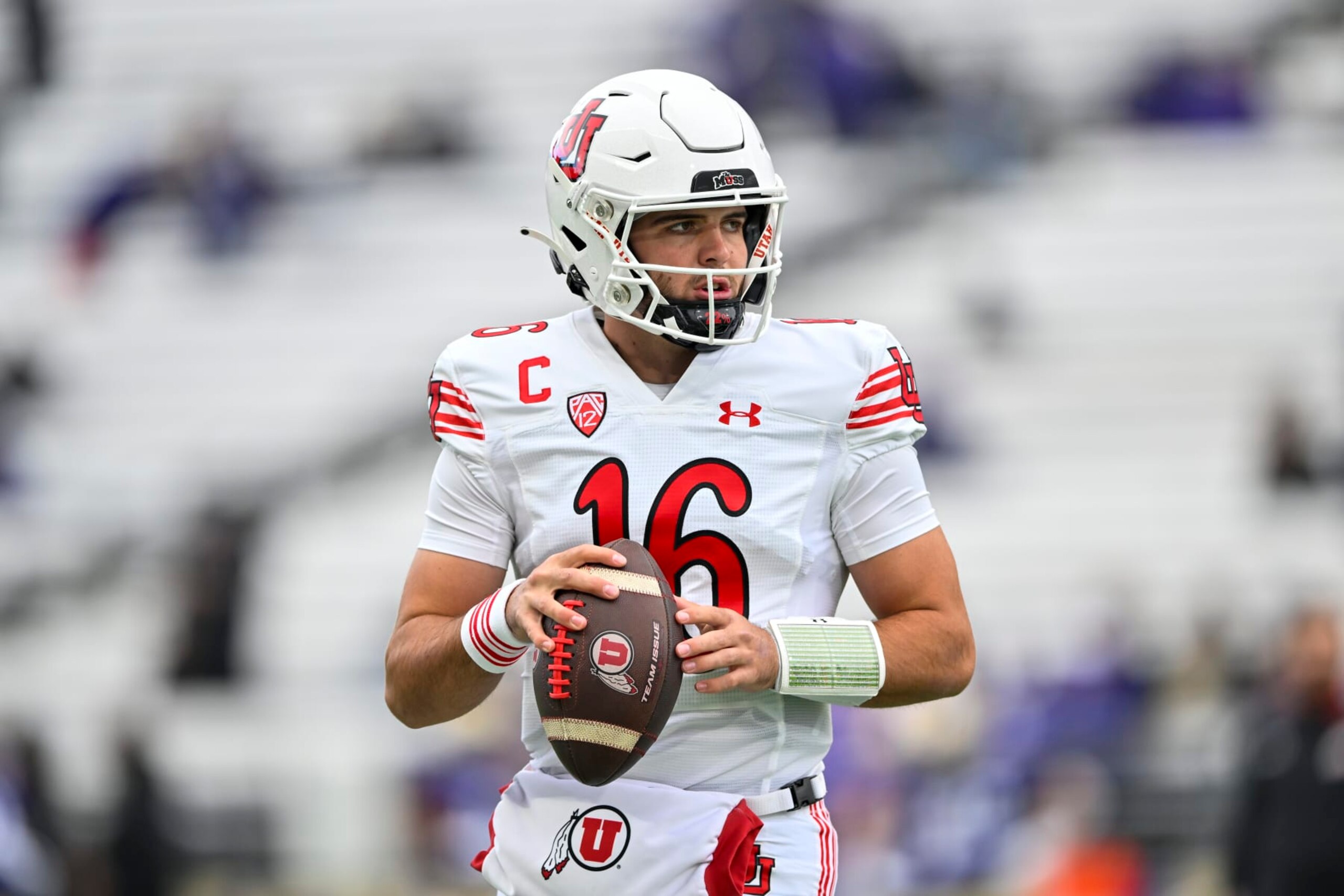 SEATTLE, WASHINGTON - NOVEMBER 11: Bryson Barnes #16 of the Utah Utes warms up before the game against the Washington Huskies at Husky Stadium on November 11, 2023 in Seattle, Washington. (Photo by Alika Jenner/Getty Images)