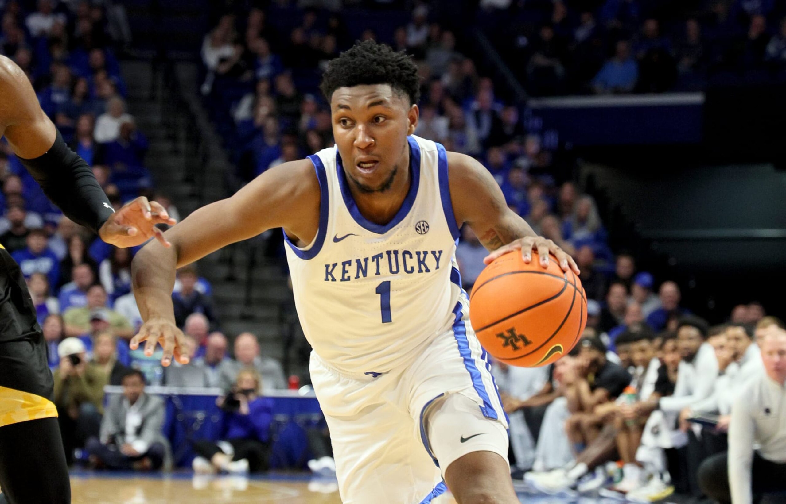 LEXINGTON, KENTUCKY - NOVEMBER 10: Justin Edwards #1of the Kentucky Wildcats against the Texas A&M-Commerce at Rupp Arena on November 10, 2023 in Lexington, Kentucky. (Photo by Andy Lyons/Getty Images)