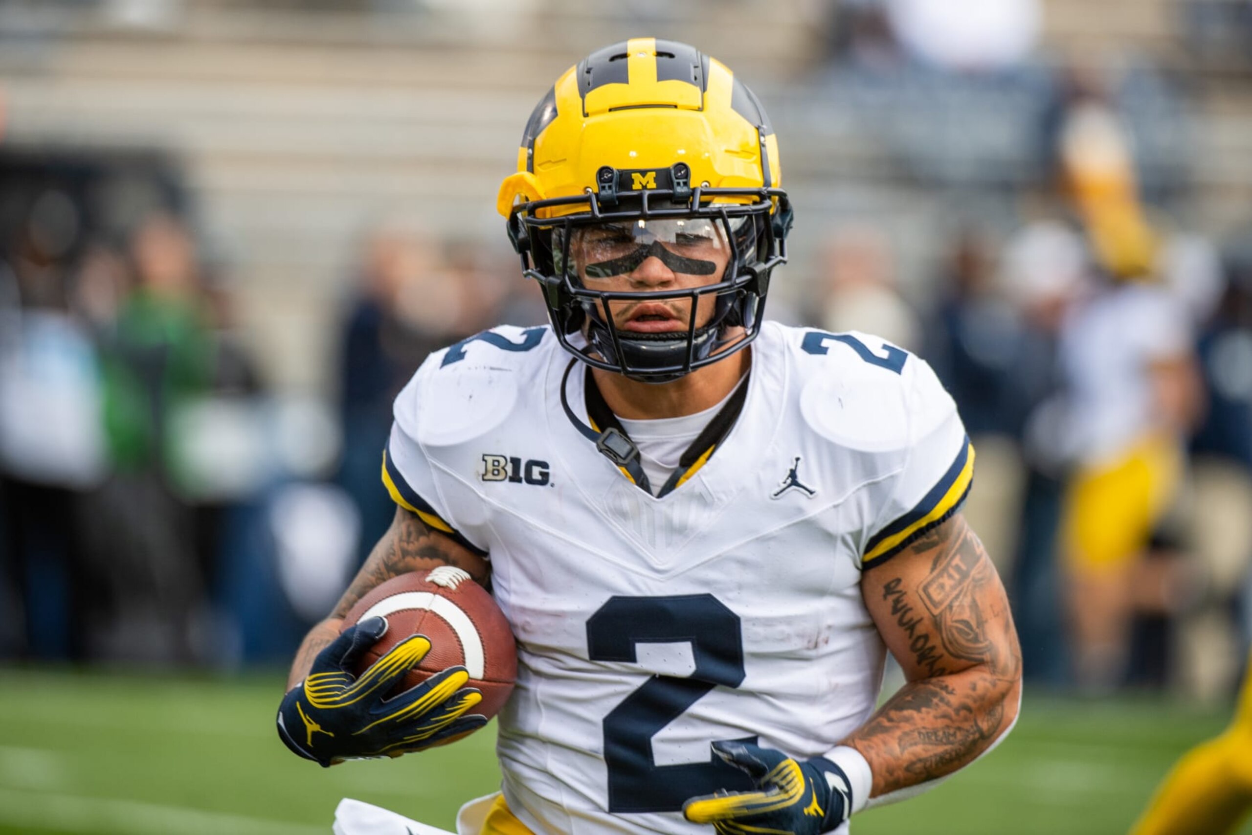 STATE COLLEGE, PENNSYLVANIA - NOVEMBER 11: Blake Corum #2 of the Michigan Wolverines is seen warming up before a college football game against the Penn State Nittany Lions at Beaver Stadium on November 11, 2023 in State College, Pennsylvania. (Photo by Aaron J. Thornton/Getty Images)