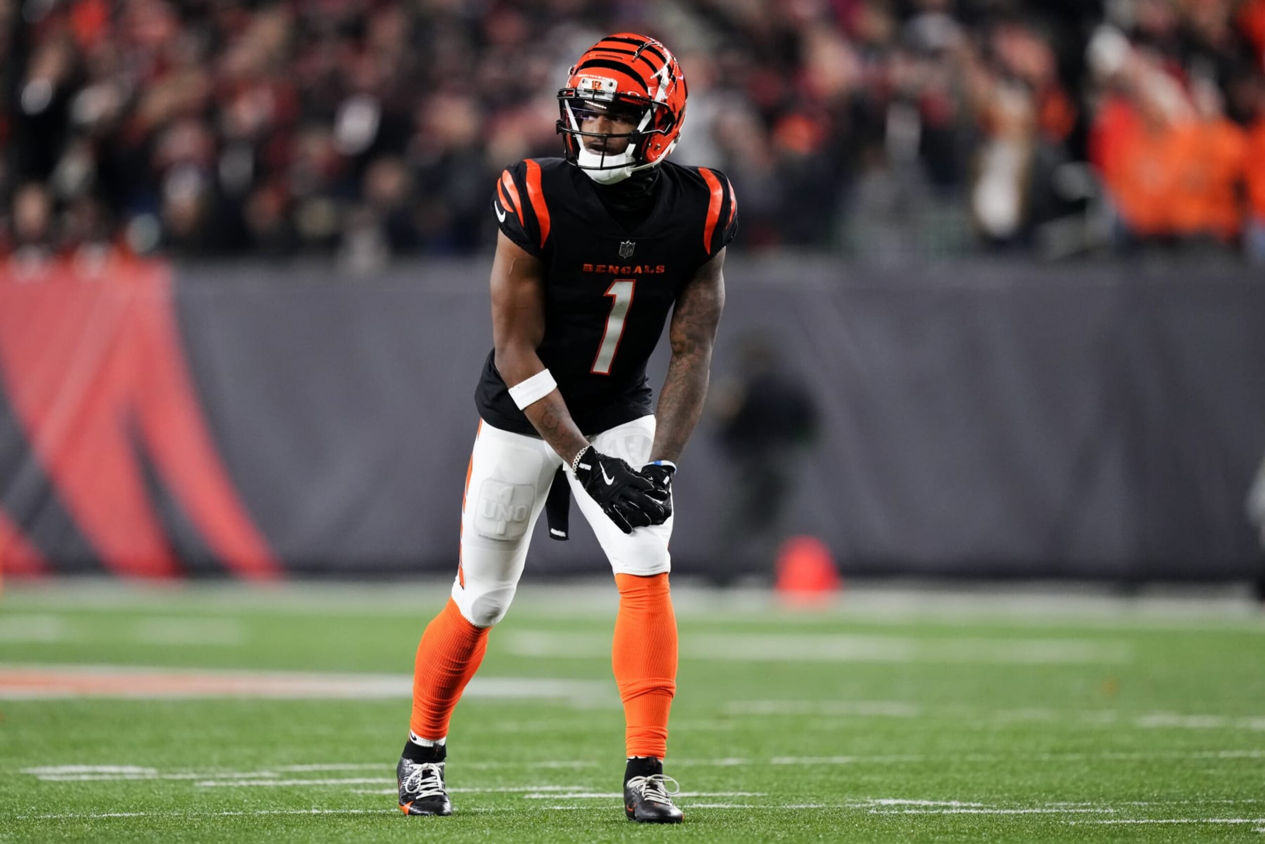 CINCINNATI, OHIO - NOVEMBER 05: Ja'Marr Chase #1 of the Cincinnati Bengals lines up for a play in the second quarter against the Buffalo Bills at Paycor Stadium on November 05, 2023 in Cincinnati, Ohio. (Photo by Dylan Buell/Getty Images)