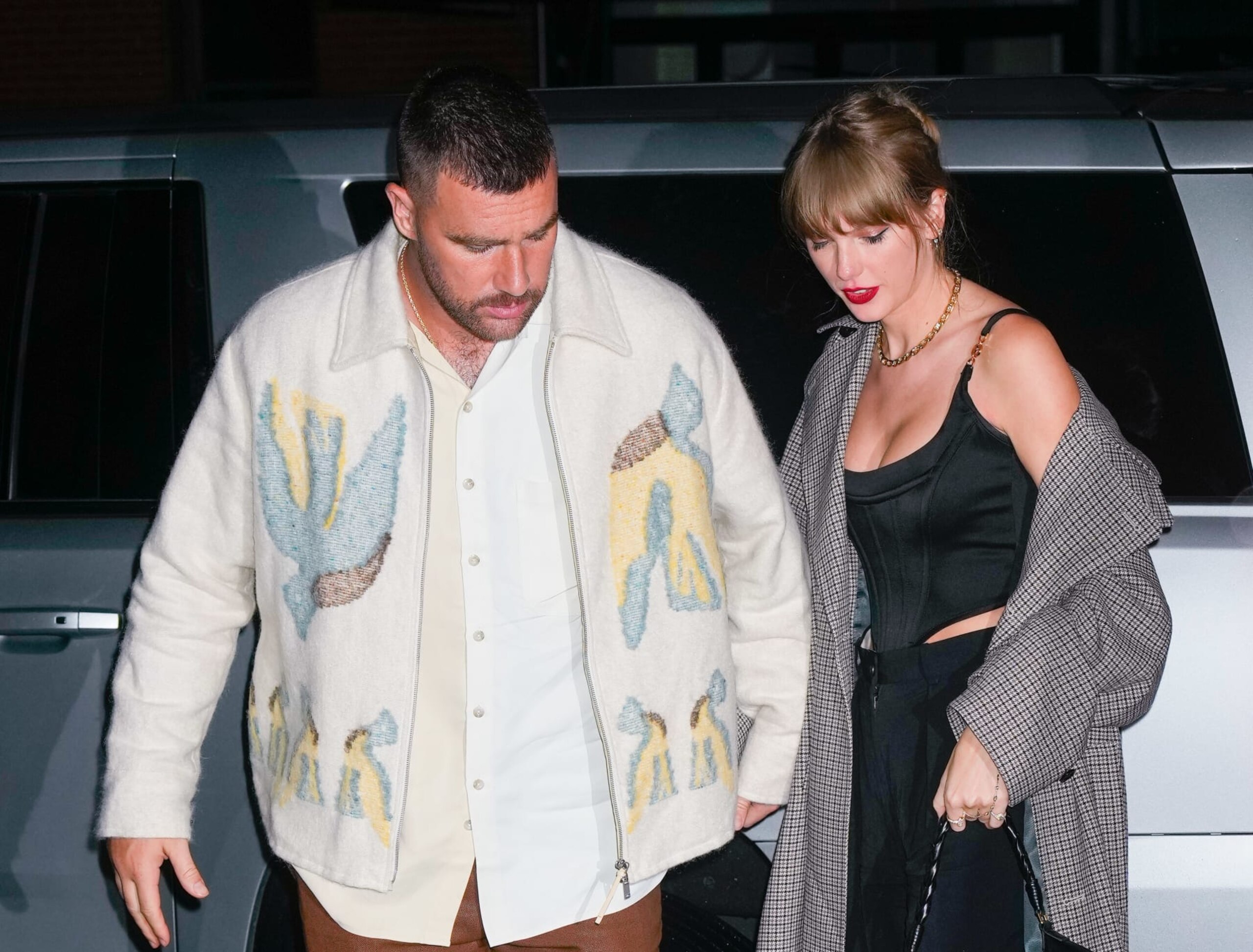 NEW YORK, NY - OCTOBER 15: Travis Kelce and Taylor Swift are seen leaving the SNL after party on October 15, 2023 in New York, New York. (Photo by MEGA/GC Images)