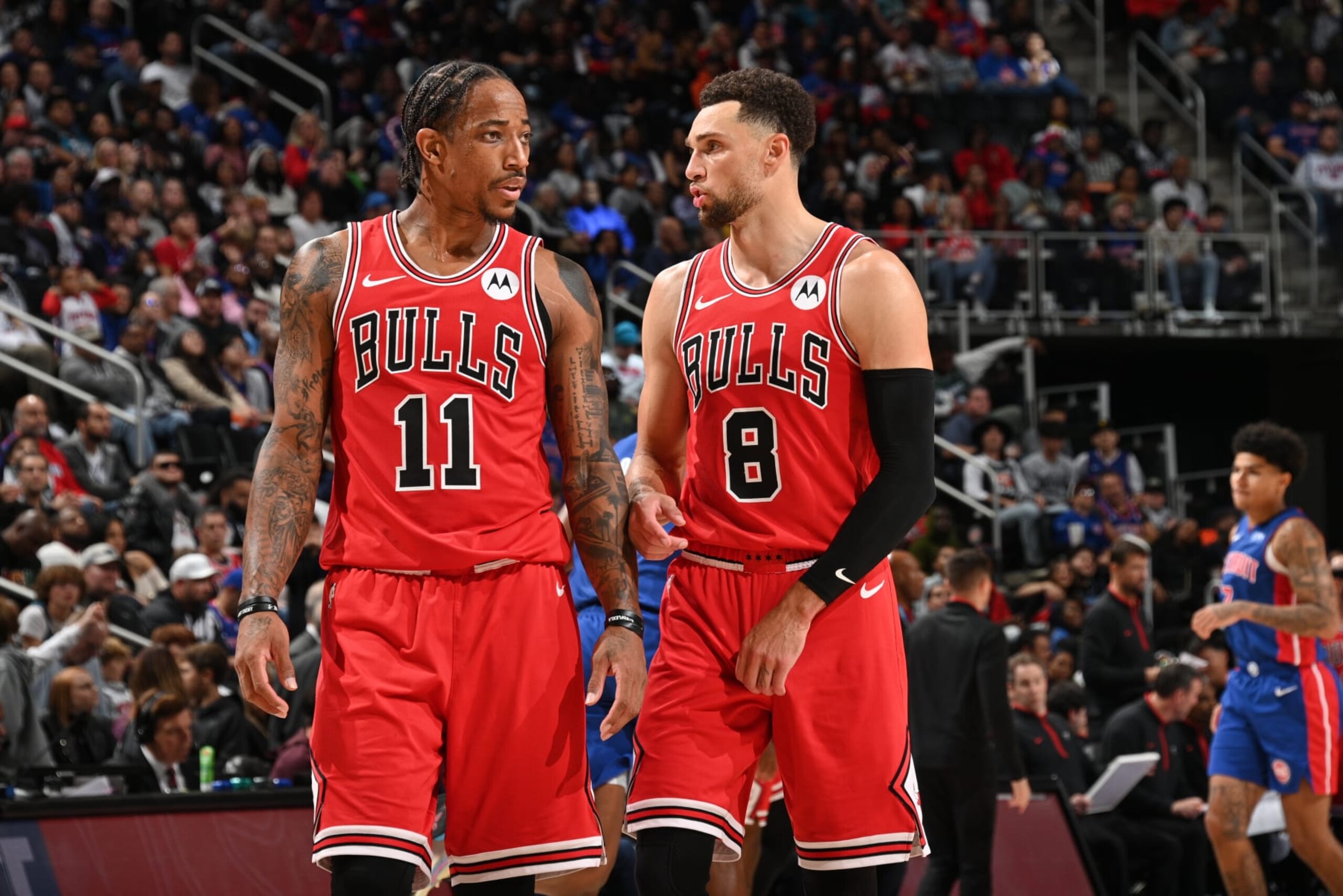 DETROIT, MI - OCTOBER 28: Zach LaVine #8 talks with DeMar DeRozan #11 of the Chicago Bulls during the game against the Detroit Pistons on October 28, 2023 at Little Caesars Arena in Detroit, Michigan. NOTE TO USER: User expressly acknowledges and agrees that, by downloading and/or using this photograph, User is consenting to the terms and conditions of the Getty Images License Agreement. Mandatory Copyright Notice: Copyright 2023 NBAE (Photo by Chris Schwegler/NBAE via Getty Images) DETROIT, MI - OCTOBER 28: Zach LaVine #8 talks with DeMar DeRozan #11 of the Chicago Bulls during the game against the Detroit Pistons on October 28, 2023 at Little Caesars Arena in Detroit, Michigan. NOTE TO USER: User expressly acknowledges and agrees that, by downloading and/or using this photograph, User is consenting to the terms and conditions of the Getty Images License Agreement. Mandatory Copyright Notice: Copyright 2023 NBAE (Photo by Chris Schwegler/NBAE via Getty Images)