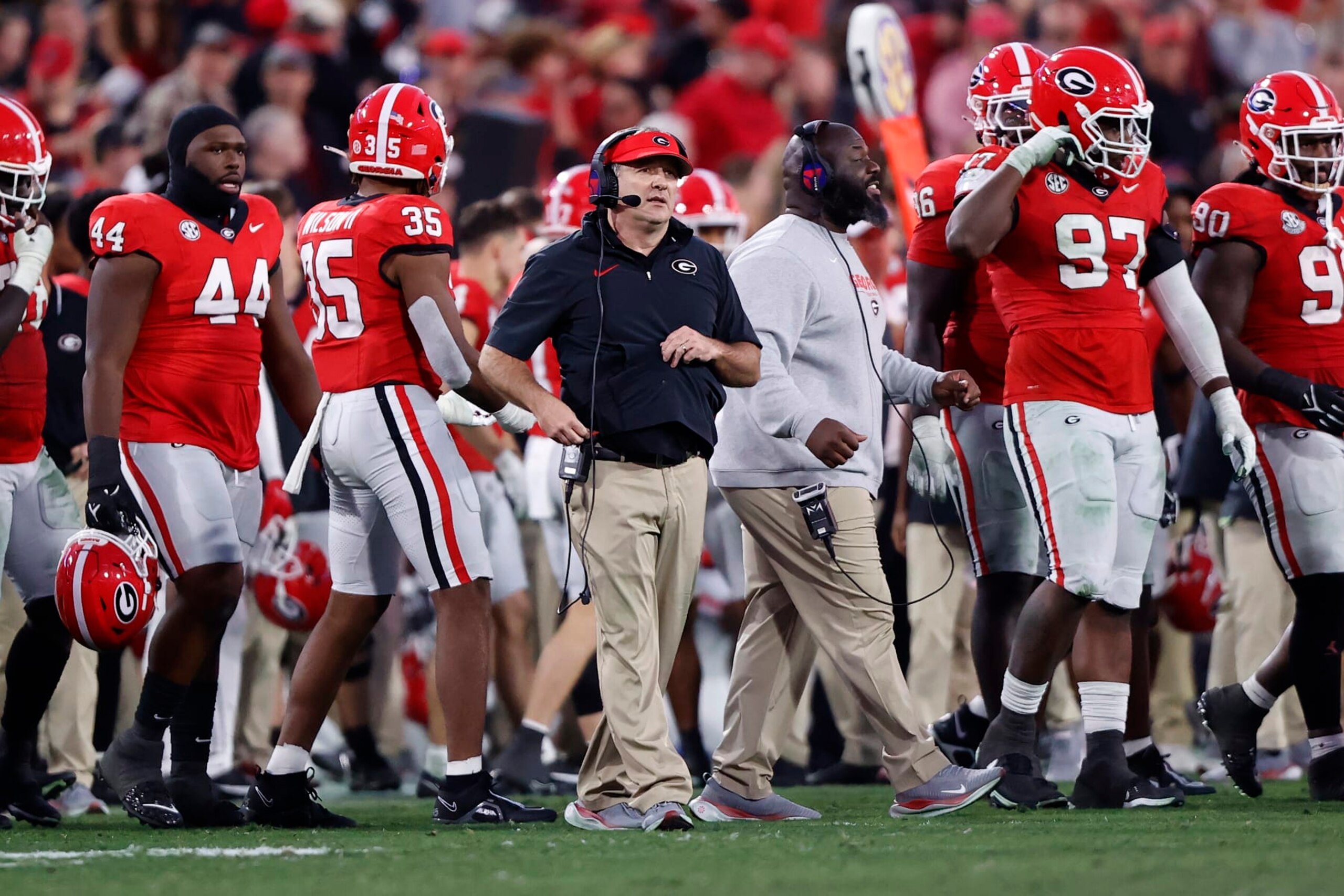 ATHENS, GA - NOVEMBER 04: Georgia Bulldogs head coach Kirby Smart during the Saturday afternoon college football game between the Georgia Bulldogs and the Missouri Tigers on November 4, 2023 at Sanford Stadium in Athens, GA.   (Photo by David J. Griffin/Icon Sportswire via Getty Images)