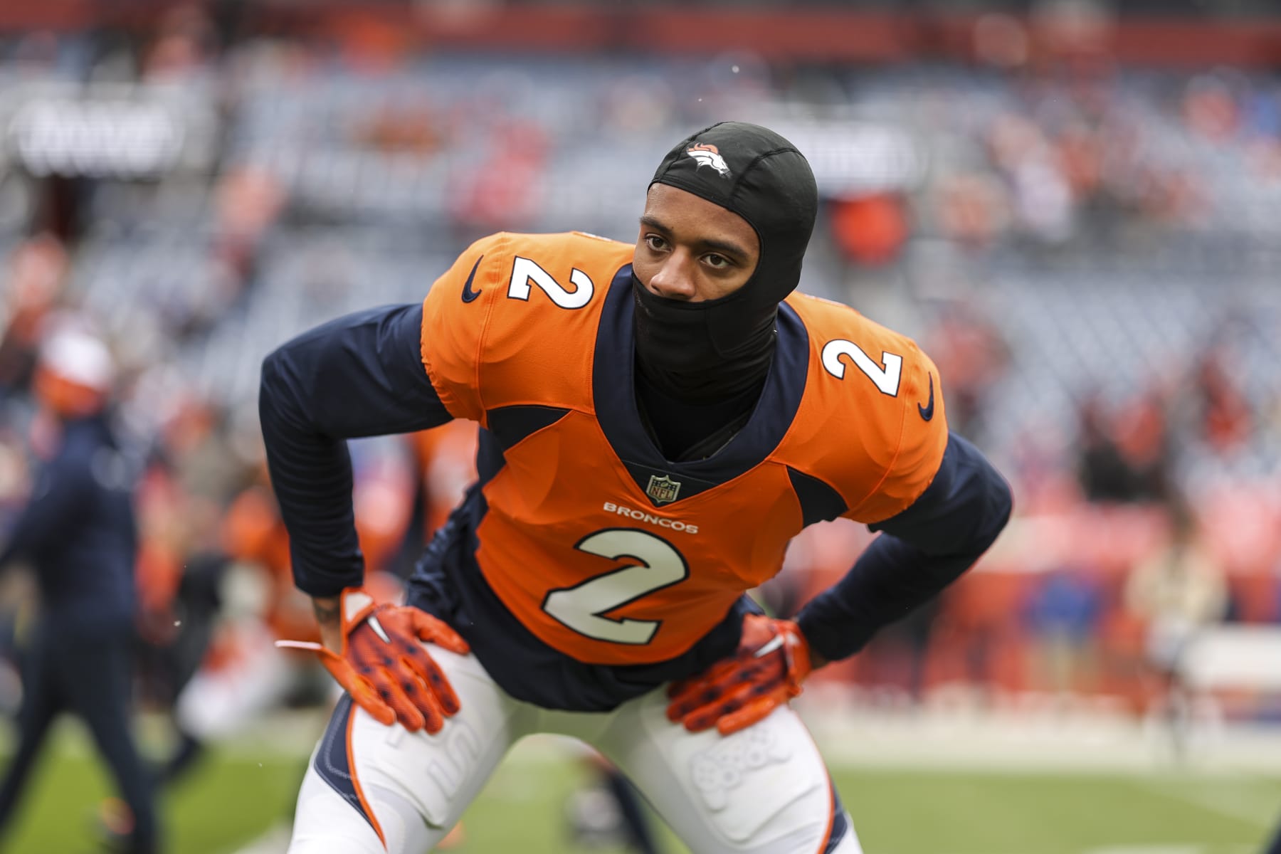 DENVER, COLORADO - OCTOBER 29: Pat Surtain II #2 of the Denver Broncos stretches as he warms up prior to an NFL football game between the Denver Broncos and the Kansas City Chiefs at Empower Field At Mile High on October 29, 2023 in Denver, Colorado. (Photo by Michael Owens/Getty Images)