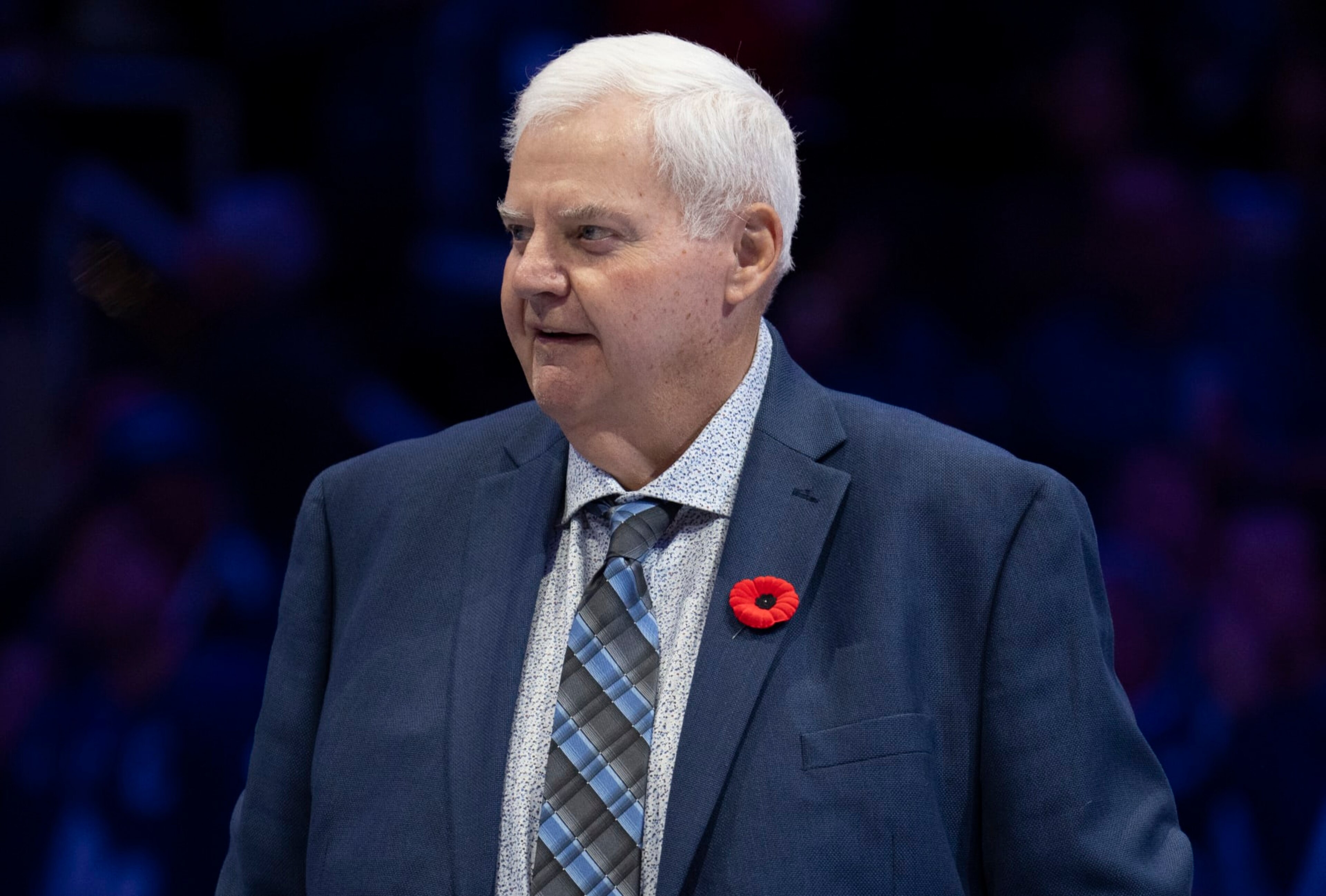 TORONTO, ON - NOVEMBER 10: Hockey Hall of Fame inductee Ken Hitchcock is introduced during a ceremony before the Toronto Maple Leafs play the Calgary Flames at the Scotiabank Arena on November 10, 2023 in Toronto, Ontario, Canada. (Photo by Mark Blinch/NHLI via Getty Images)