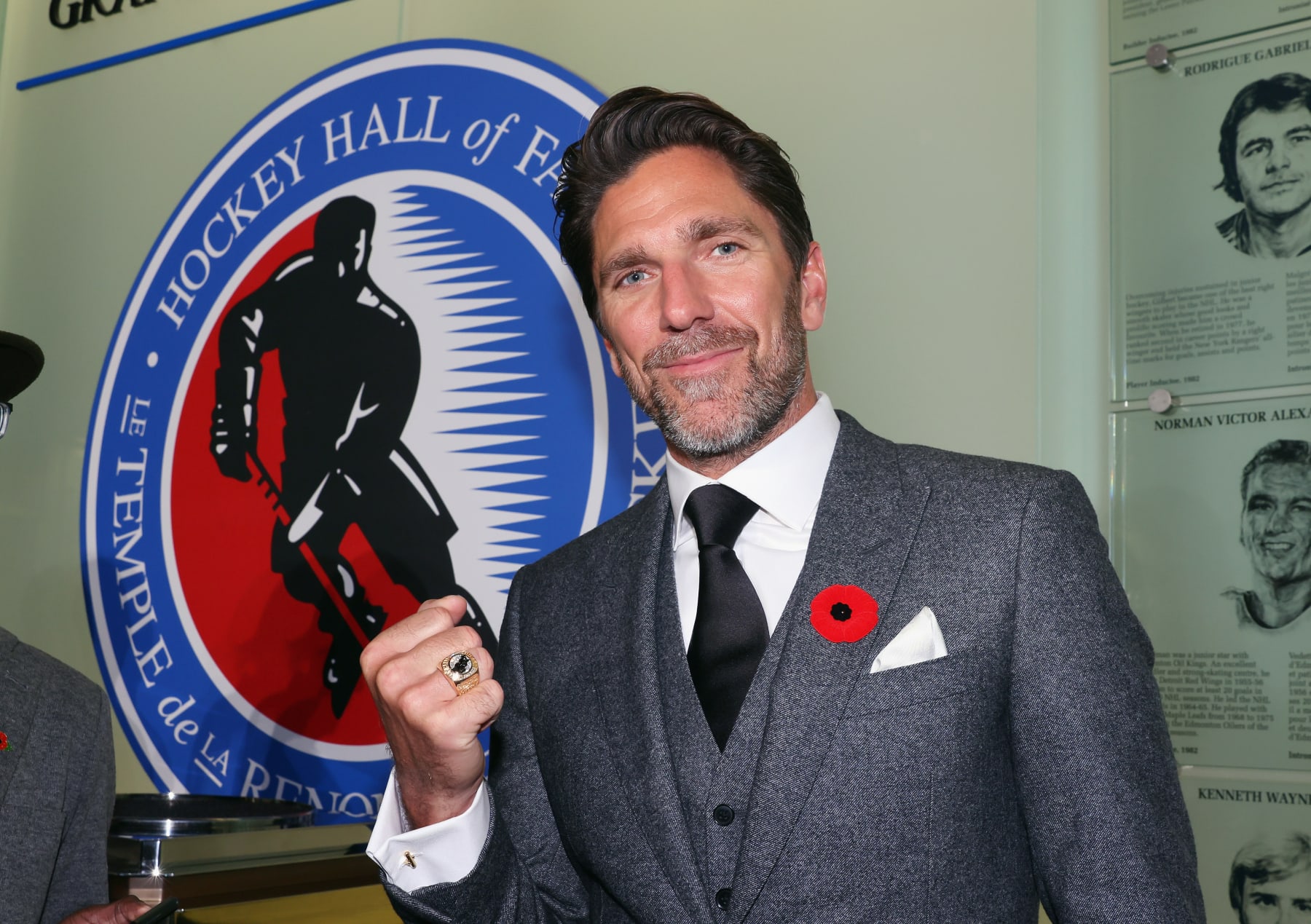 TORONTO, CANADA - NOVEMBER 10: Henrik Lundqvist shows off his Hockey Hall of Fame ring at a press opportunity at the Hockey Hall Of Fame on November 10, 2023 in Toronto, Ontario, Canada. (Photo by Bruce Bennett/Getty Images)