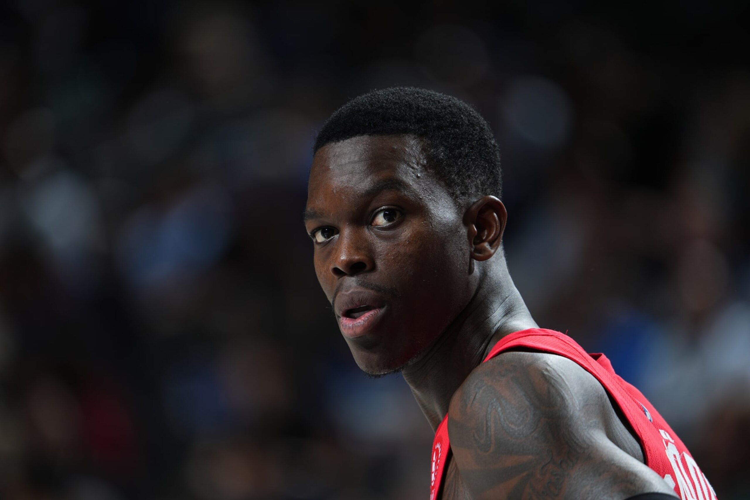 DALLAS, TX - NOVEMBER 8: Dennis Schroder #17 of the Toronto Raptors looks on during the game against the Dallas Mavericks on November 8, 2023 at the American Airlines Center in Dallas, Texas. NOTE TO USER: User expressly acknowledges and agrees that, by downloading and or using this photograph, User is consenting to the terms and conditions of the Getty Images License Agreement. Mandatory Copyright Notice: Copyright 2023 NBAE (Photo by Glenn James/NBAE via Getty Images)