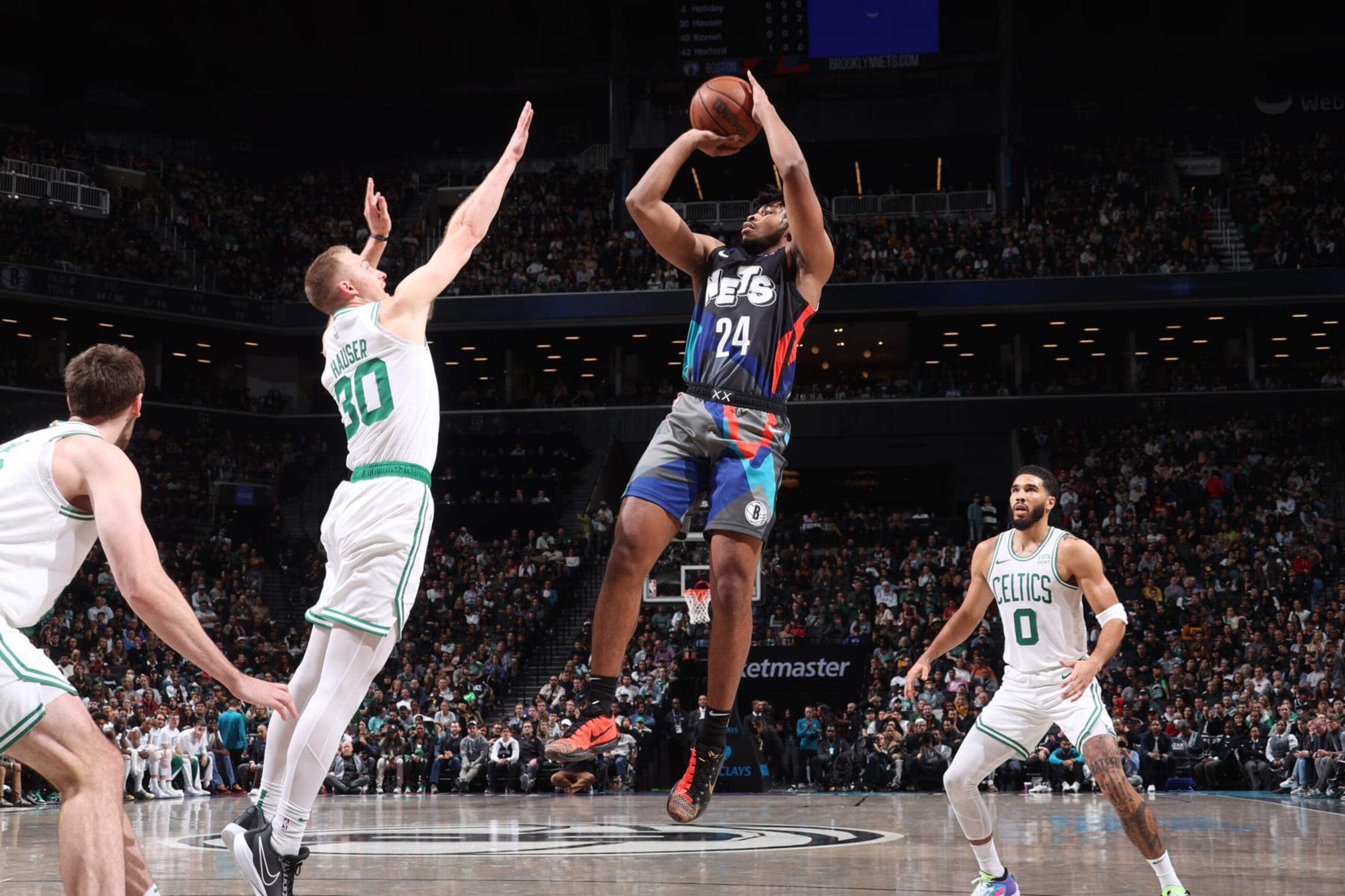 BROOKLYN, NY - NOVEMBER 4: Cam Thomas #24 of the Brooklyn Nets shoots the ball during the game against the Boston Celtics on November 4, 2023 at the Barclays Center in Brooklyn, New York. NOTE TO USER: User expressly acknowledges and agrees that, by downloading and or using this Photograph, user is consenting to the terms and conditions of the Getty Images License Agreement. Mandatory Copyright Notice: Copyright 2023 NBAE (Photo by Nathaniel S. Butler/NBAE via Getty Images)