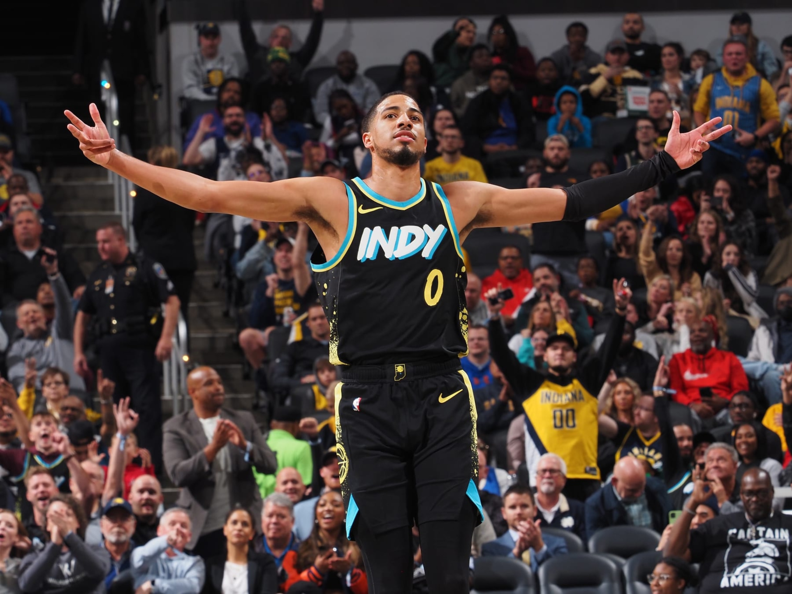 INDIANAPOLIS, IN - NOVEMBER 9: Tyrese Haliburton #0 of the Indiana Pacers celebrates during the game against the Milwaukee Bucks on November 9, 2023 at Gainbridge Fieldhouse in Indianapolis, Indiana. NOTE TO USER: User expressly acknowledges and agrees that, by downloading and or using this Photograph, user is consenting to the terms and conditions of the Getty Images License Agreement. Mandatory Copyright Notice: Copyright 2023 NBAE (Photo by Ron Hoskins/NBAE via Getty Images)