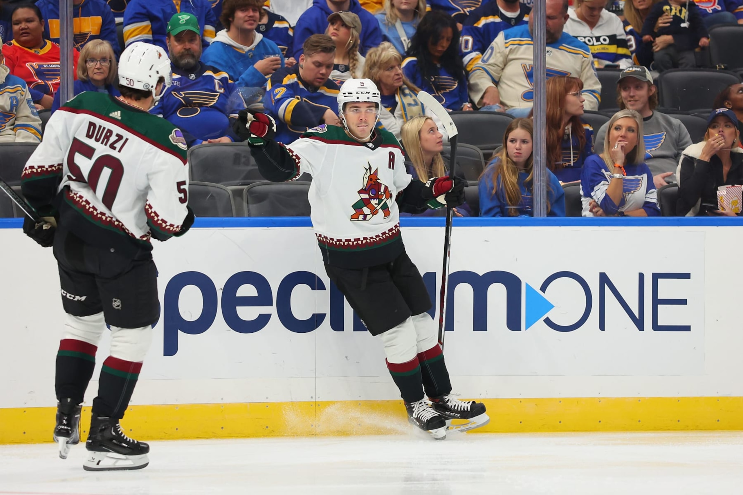 ST LOUIS, MISSOURI - OCTOBER 19: Clayton Keller #9 celebrates after scoring a goal against the St. Louis Blues during the second period at Enterprise Center on October 19, 2023 in St Louis, Missouri. (Photo by Dilip Vishwanat/Getty Images)