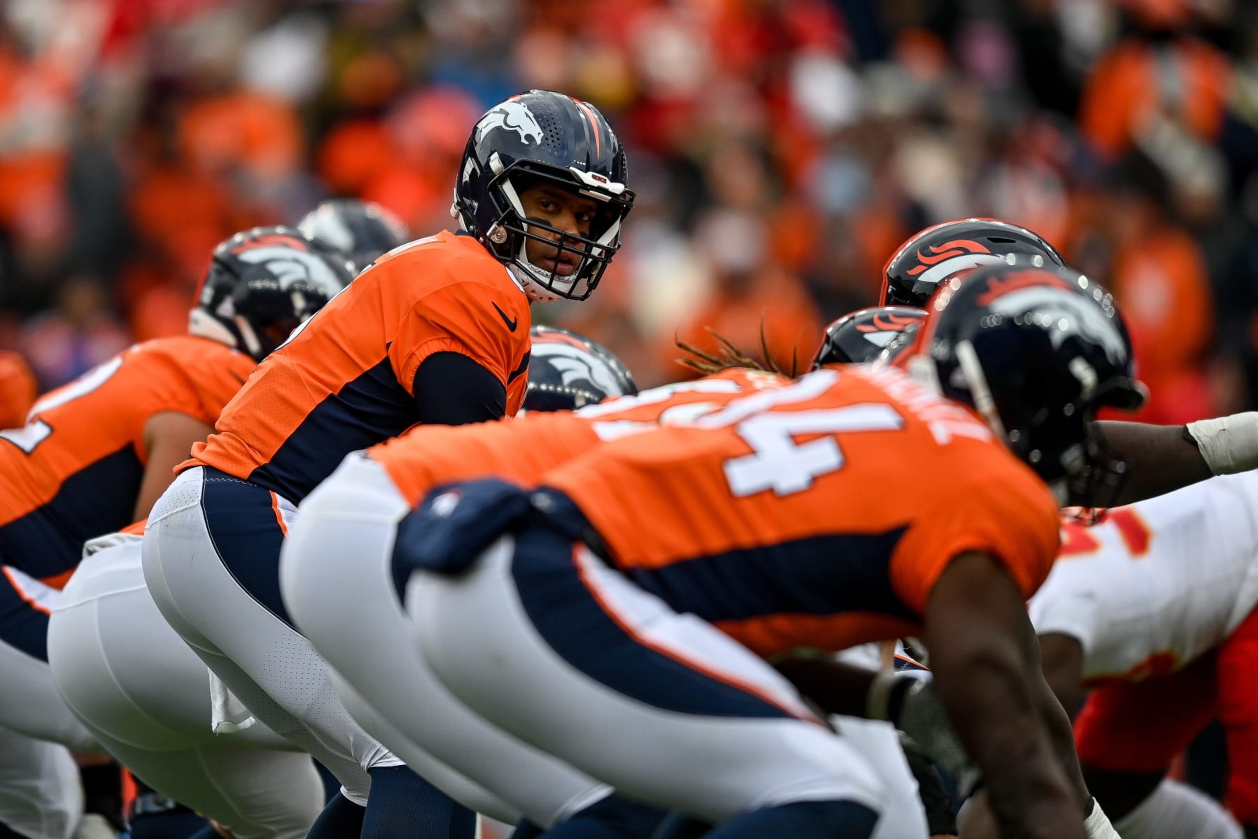 DENVER, CO - OCTOBER 29: Denver Broncos quarterback Russell Wilson (3) waits for the snap during a game between the Kansas City Chiefs and the Denver Broncos at Empower Field at Mile High on October 29, 2023 in Denver, Colorado. (Photo by Dustin Bradford/Icon Sportswire via Getty Images)