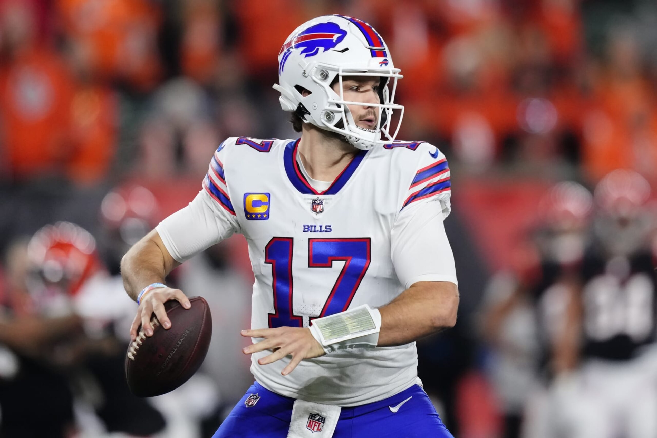 CINCINNATI, OHIO - NOVEMBER 05: Josh Allen #17 of the Buffalo Bills throws a pass in the third quarter against the Cincinnati Bengals at Paycor Stadium on November 05, 2023 in Cincinnati, Ohio. (Photo by Dylan Buell/Getty Images)