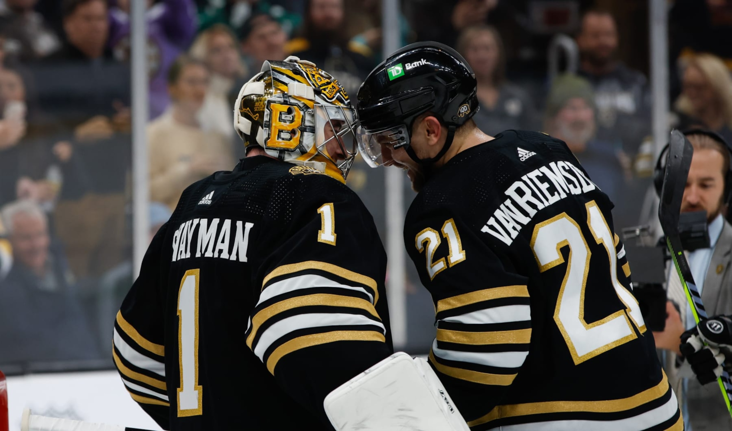 BOSTON, MASSACHUSETTS - OCTOBER 14: Jeremy Swayman #1 of the Boston Bruins and teammate James van Riemsdyk #21 celebrate a 3-2 victory against the Nashville Predators at the TD Garden on October 14, 2023 in Boston, Massachusetts. (Photo by Richard T Gagnon/Getty Images)