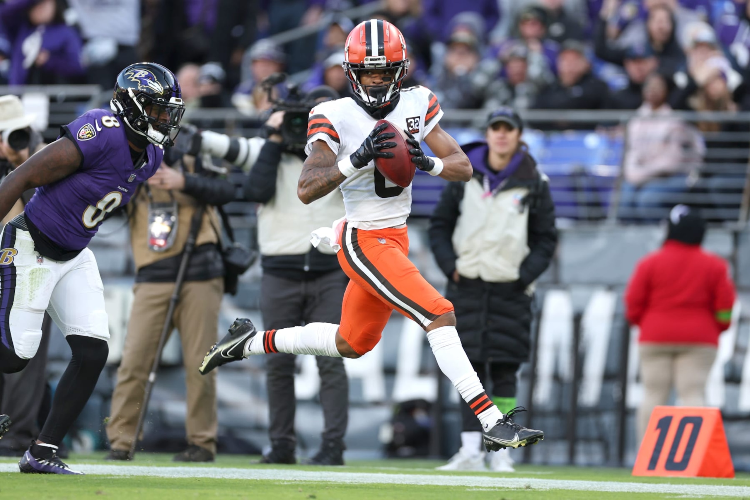 Browns CB Greg Newsome II scores on an interception against Baltimore
