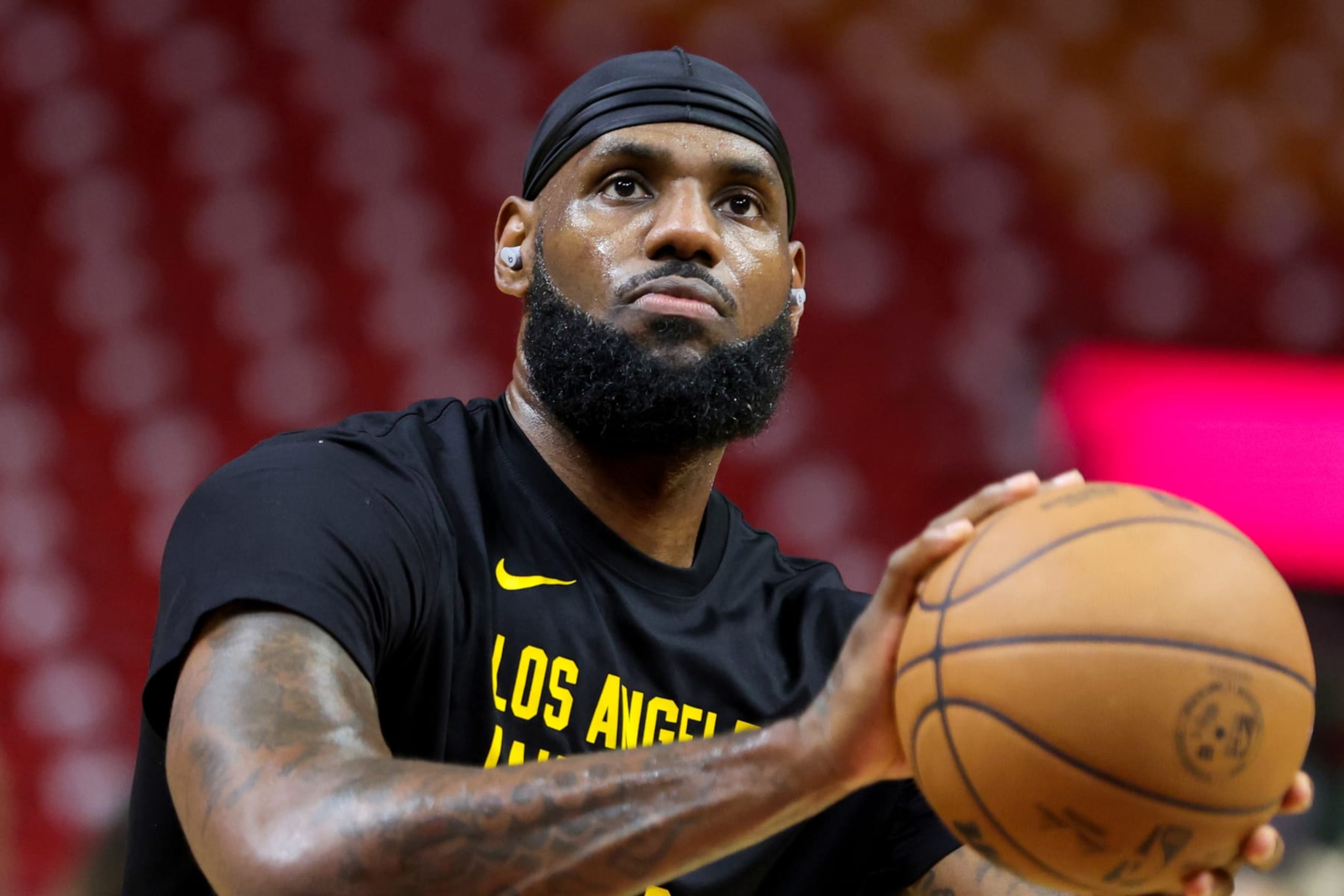 MIAMI, FLORIDA - NOVEMBER 06: LeBron James #23 of the Los Angeles Lakers warms up prior to a game against the Miami Heat at Kaseya Center on November 06, 2023 in Miami, Florida. NOTE TO USER: User expressly acknowledges and agrees that, by downloading and or using this photograph, User is consenting to the terms and conditions of the Getty Images License Agreement. (Photo by Megan Briggs/Getty Images)
