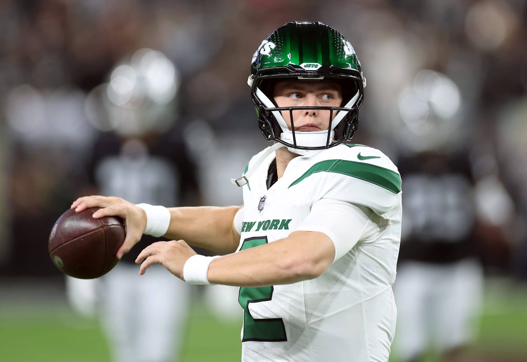 LAS VEGAS, NEVADA - NOVEMBER 12:  Quarterback Zach Wilson #2 of the New York Jets warms up prior to the game against the Las Vegas Raiders at Allegiant Stadium on November 12, 2023 in Las Vegas, Nevada. (Photo by Sean M. Haffey/Getty Images)