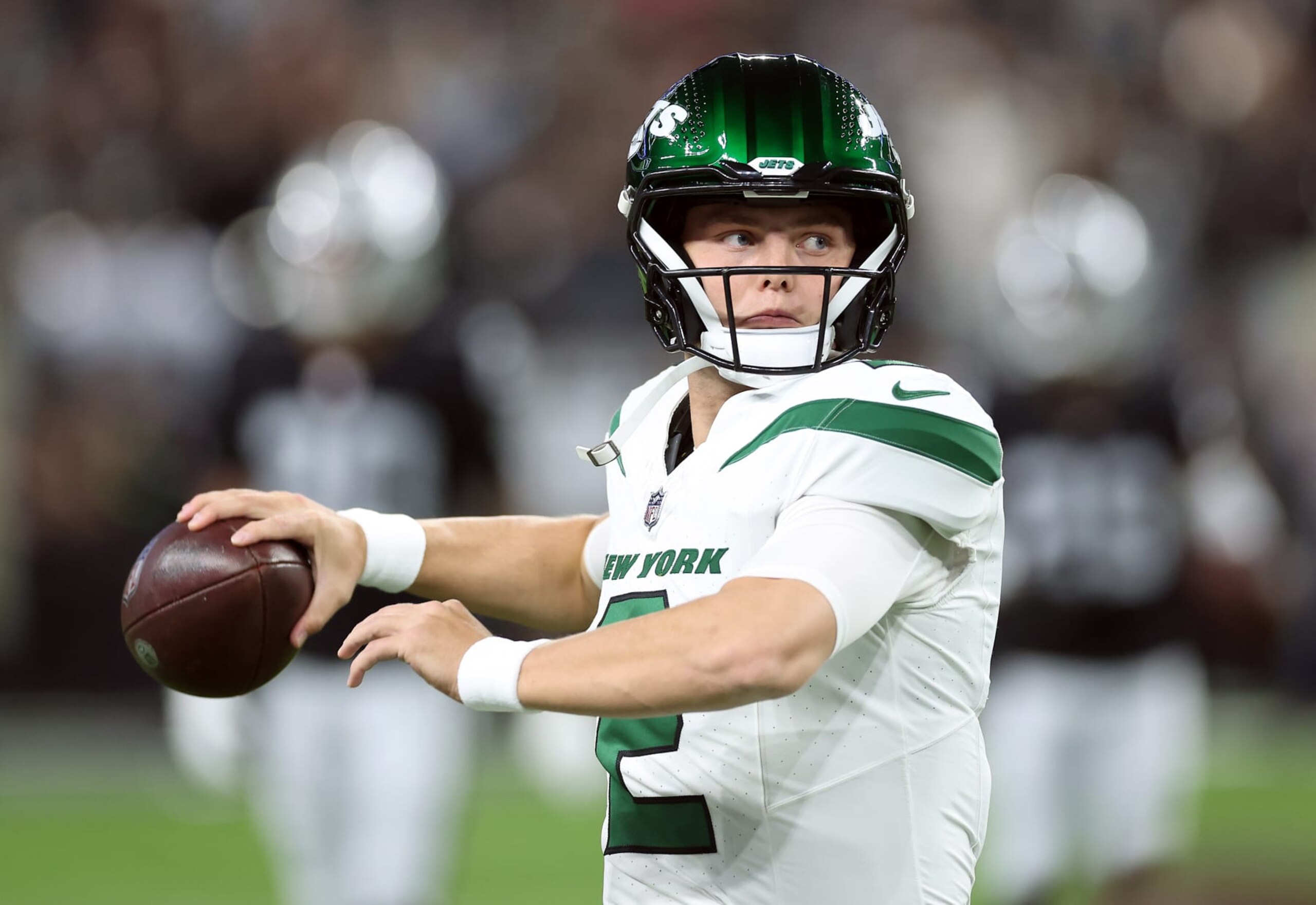 LAS VEGAS, NEVADA - NOVEMBER 12: Quarterback Zach Wilson #2 of the New York Jets warms up prior to the game against the Las Vegas Raiders at Allegiant Stadium on November 12, 2023 in Las Vegas, Nevada. (Photo by Sean M. Haffey/Getty Images) LAS VEGAS, NEVADA - NOVEMBER 12: Quarterback Zach Wilson #2 of the New York Jets warms up prior to the game against the Las Vegas Raiders at Allegiant Stadium on November 12, 2023 in Las Vegas, Nevada. (Photo by Sean M. Haffey/Getty Images)