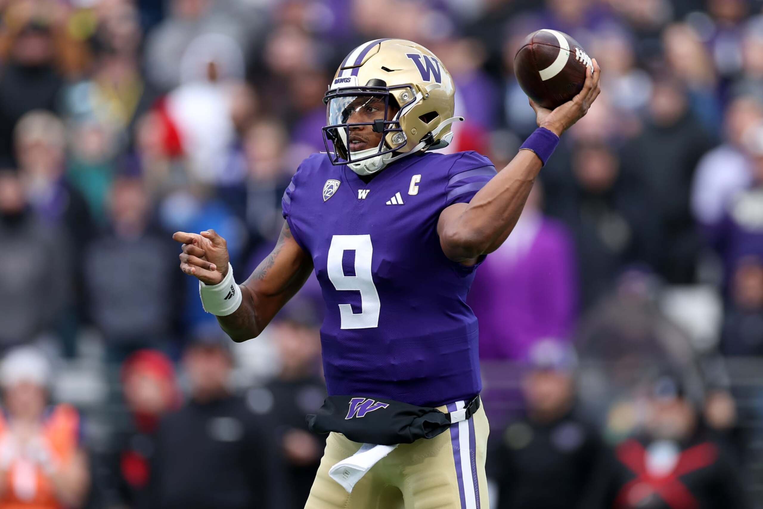 SEATTLE, WASHINGTON - NOVEMBER 11: Michael Penix Jr. #9 of the Washington Huskies passes against the Utah Utes during the second quarter at Husky Stadium on November 11, 2023 in Seattle, Washington. (Photo by Steph Chambers/Getty Images)