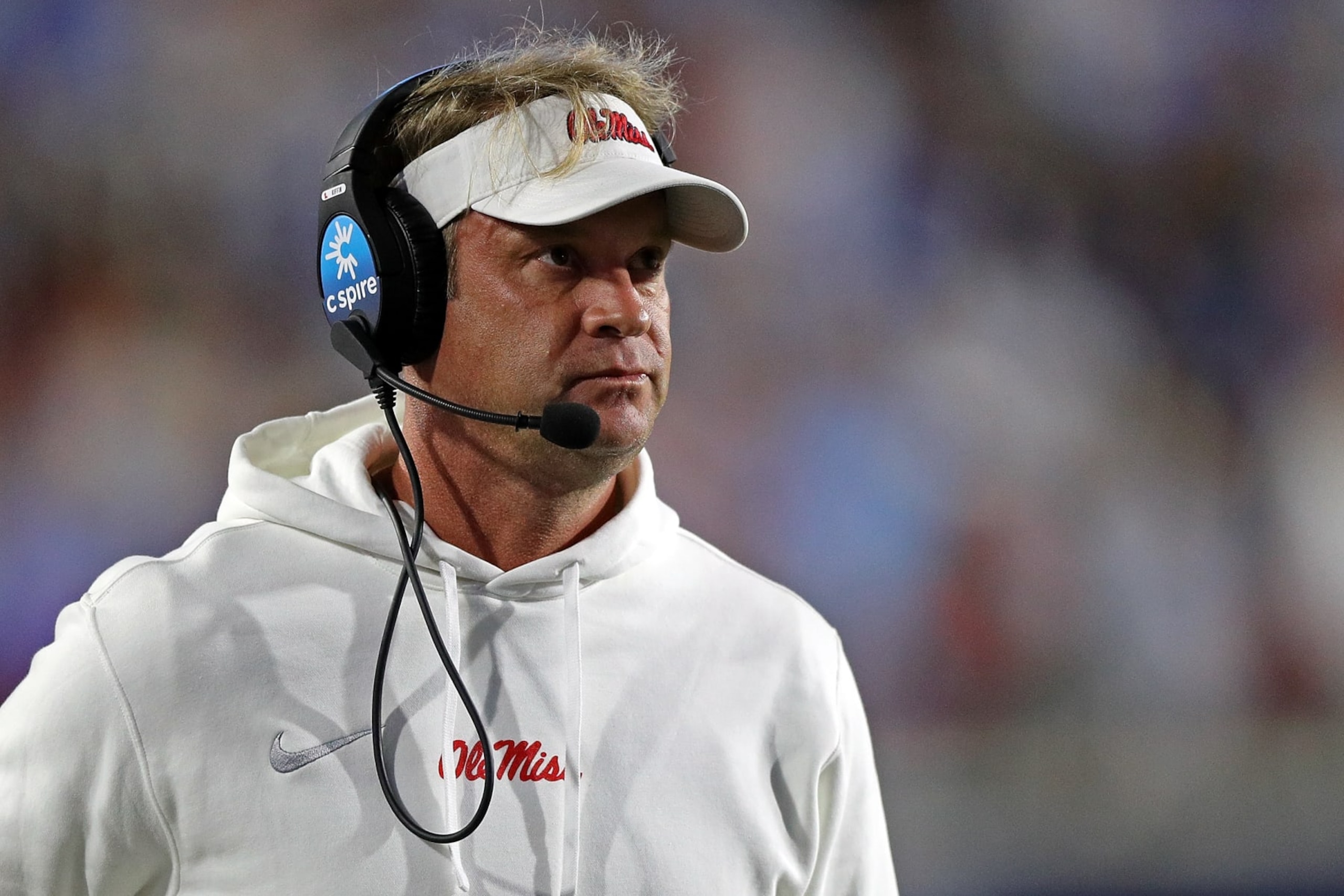 OXFORD, MISSISSIPPI - OCTOBER 07: Head coach Lane Kiffin of the Mississippi Rebels  during the game against the Arkansas Razorbacks at Vaught-Hemingway Stadium on October 07, 2023 in Oxford, Mississippi. (Photo by Justin Ford/Getty Images)