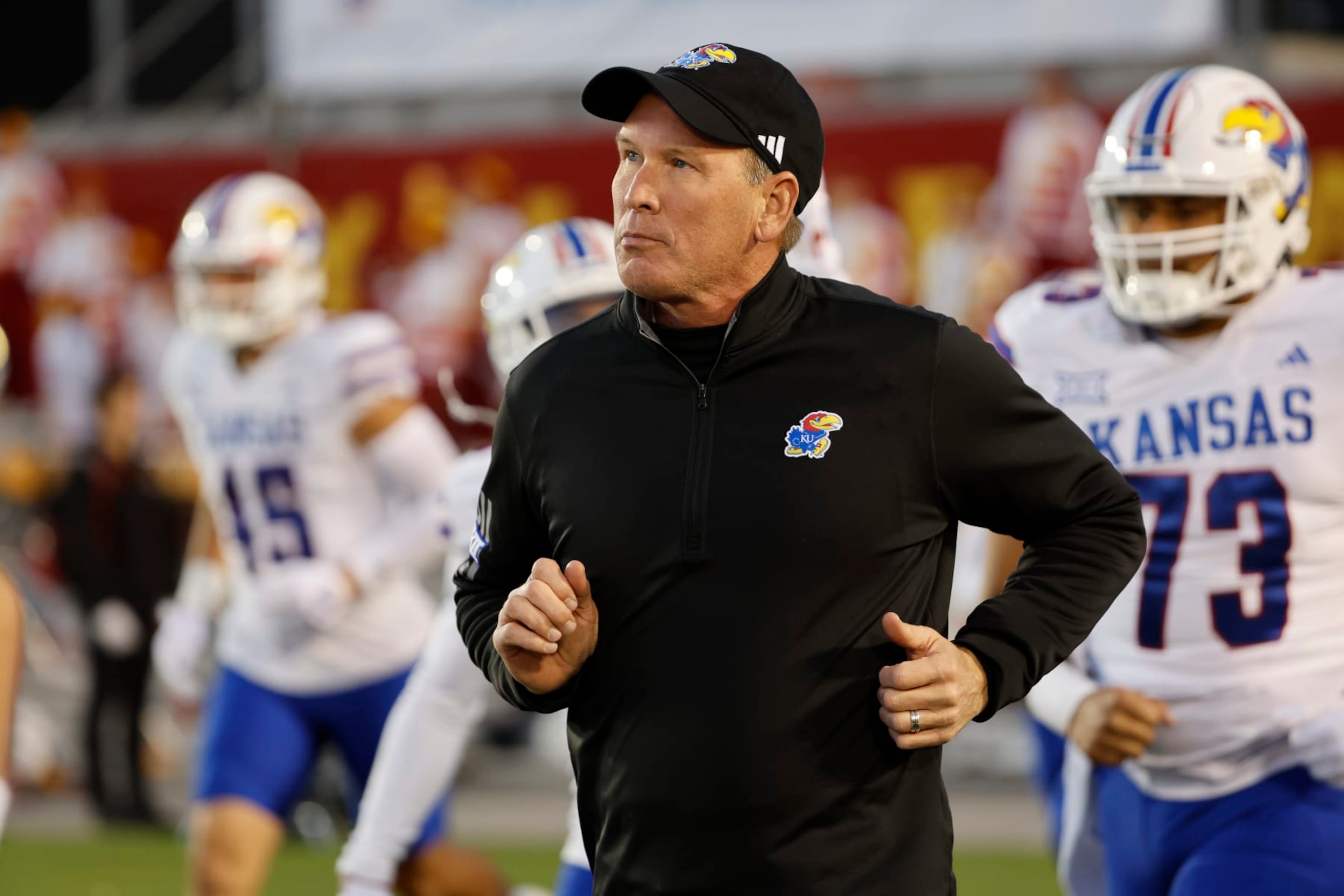 AMES, IA - NOVEMBER 4: Head coach Lance Leipold of the Kansas Jayhawks takes the field at Jack Trice Stadium on November 4, 2023 in Ames, Iowa. The Kansas Jayhawks won 28-21 over the Iowa State Cyclones. (Photo by David K Purdy/Getty Images) AMES, IA - NOVEMBER 4: Head coach Lance Leipold of the Kansas Jayhawks takes the field at Jack Trice Stadium on November 4, 2023 in Ames, Iowa. The Kansas Jayhawks won 28-21 over the Iowa State Cyclones. (Photo by David K Purdy/Getty Images)