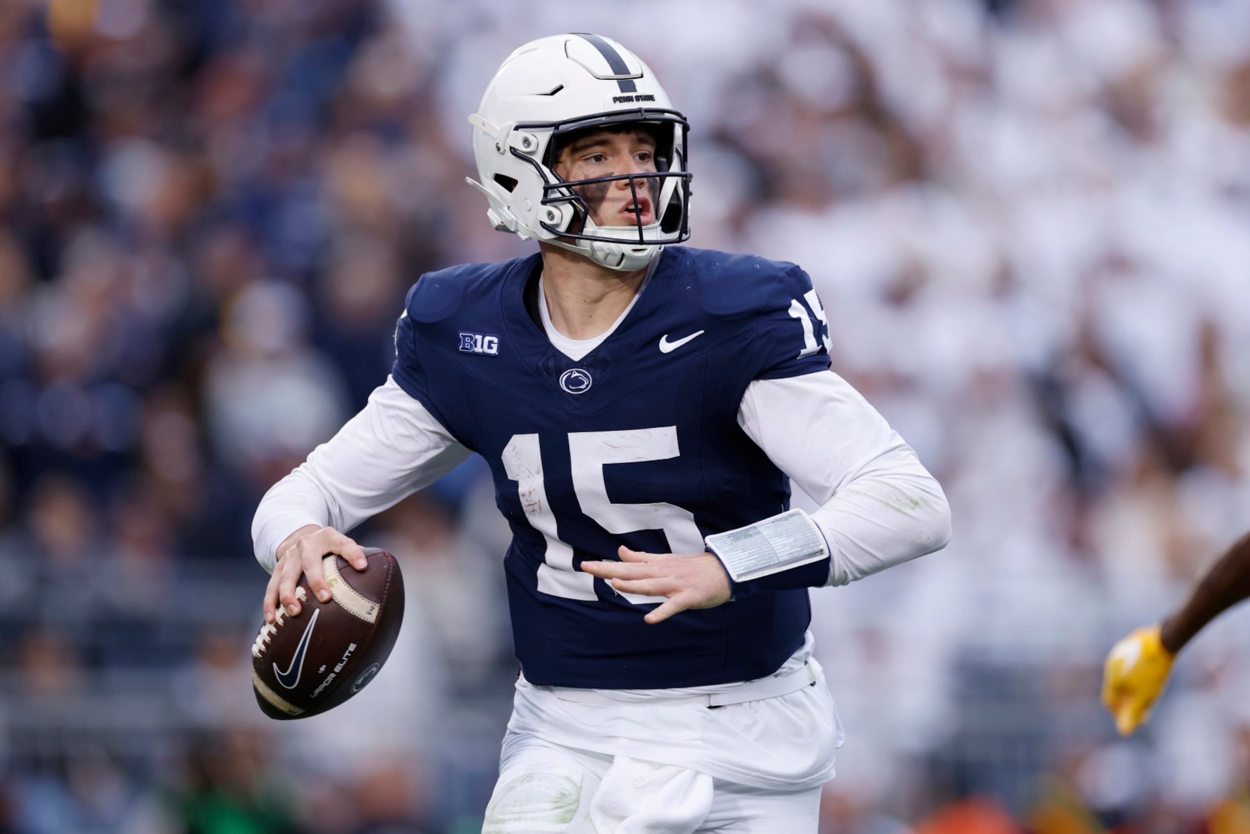 UNIVERSITY PARK, PA - NOVEMBER 11: Penn State Nittany Lions quarterback Drew Allar (15) looks to pass the ball during a college football game against the Michigan Wolverines on November 11, 2023 at Beaver Stadium in University Park, Pennsylvania. (Photo by Joe Robbins/Icon Sportswire via Getty Images)