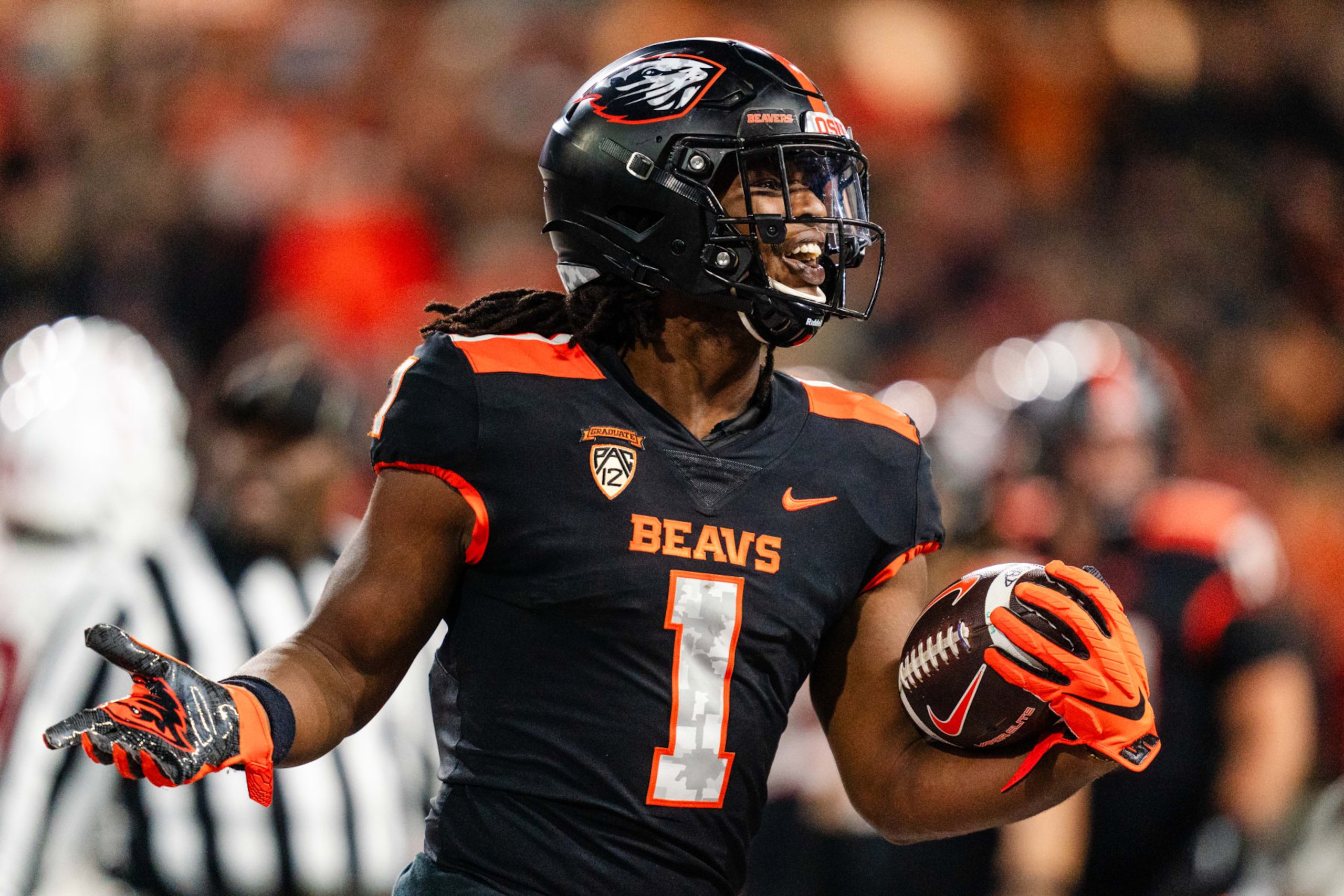 CORVALLIS, OREGON - NOVEMBER 11: Running back Deshaun Fenwick #1 of the Oregon State Beavers reacts after scoring a touchdown during the second half of the game against the Stanford Cardinals at Reser Stadium on November 11, 2023 in Corvallis, Oregon. (Photo by Ali Gradischer/Getty Images)