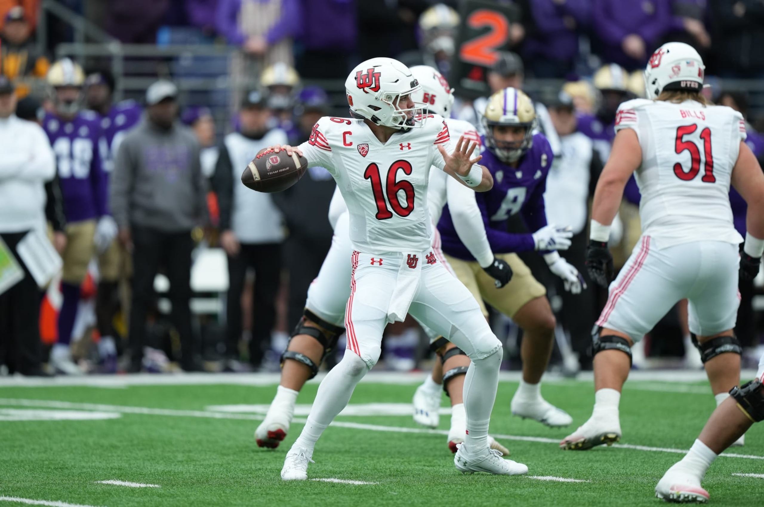 SEATTLE, WA - NOVEMBER 11: Utah Utes quarterback Bryson Barnes (16) gets set to throw during a PAC12 game between the Washington Huskies and the Utah Utes on Nov 11, 2023 at Husky Stadium in Seattle, WA. (Photo by Jeff Halstead/Icon Sportswire via Getty Images)