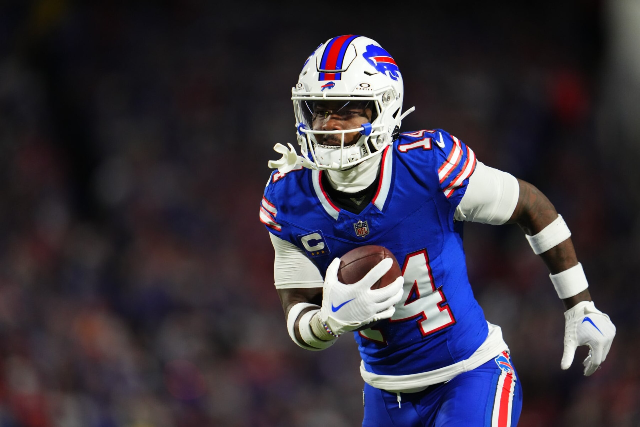 ORCHARD PARK, NY - OCTOBER 26: Stefon Diggs #14 of the Buffalo Bills runs with the ball against the Tampa Bay Buccaneers at Highmark Stadium on October 26, 2023 in Orchard Park, New York. (Photo by Cooper Neill/Getty Images)