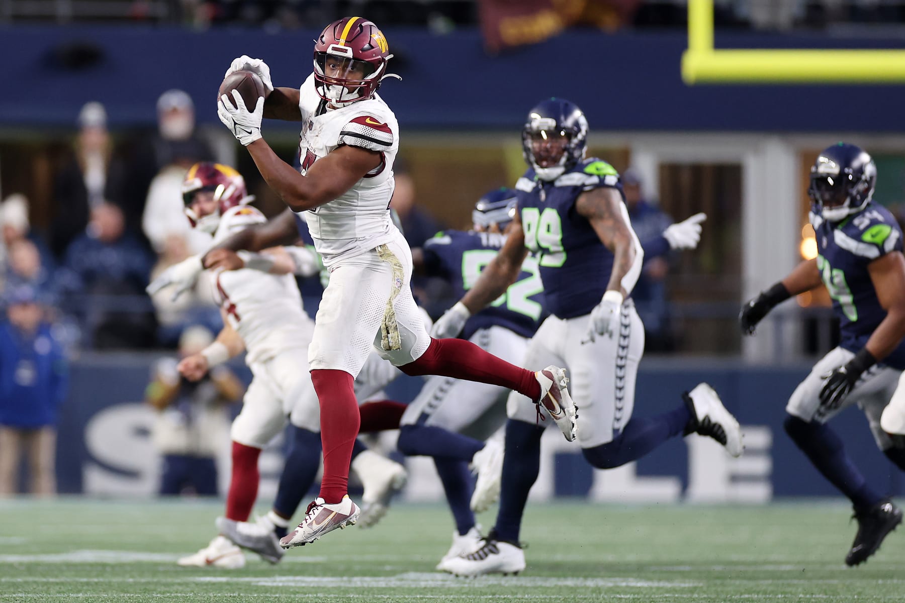 SEATTLE, WASHINGTON - NOVEMBER 12: Antonio Gibson #24 of the Washington Commanders catches a pass during the fourth quarter against the Seattle Seahawks at Lumen Field on November 12, 2023 in Seattle, Washington. (Photo by Steph Chambers/Getty Images)