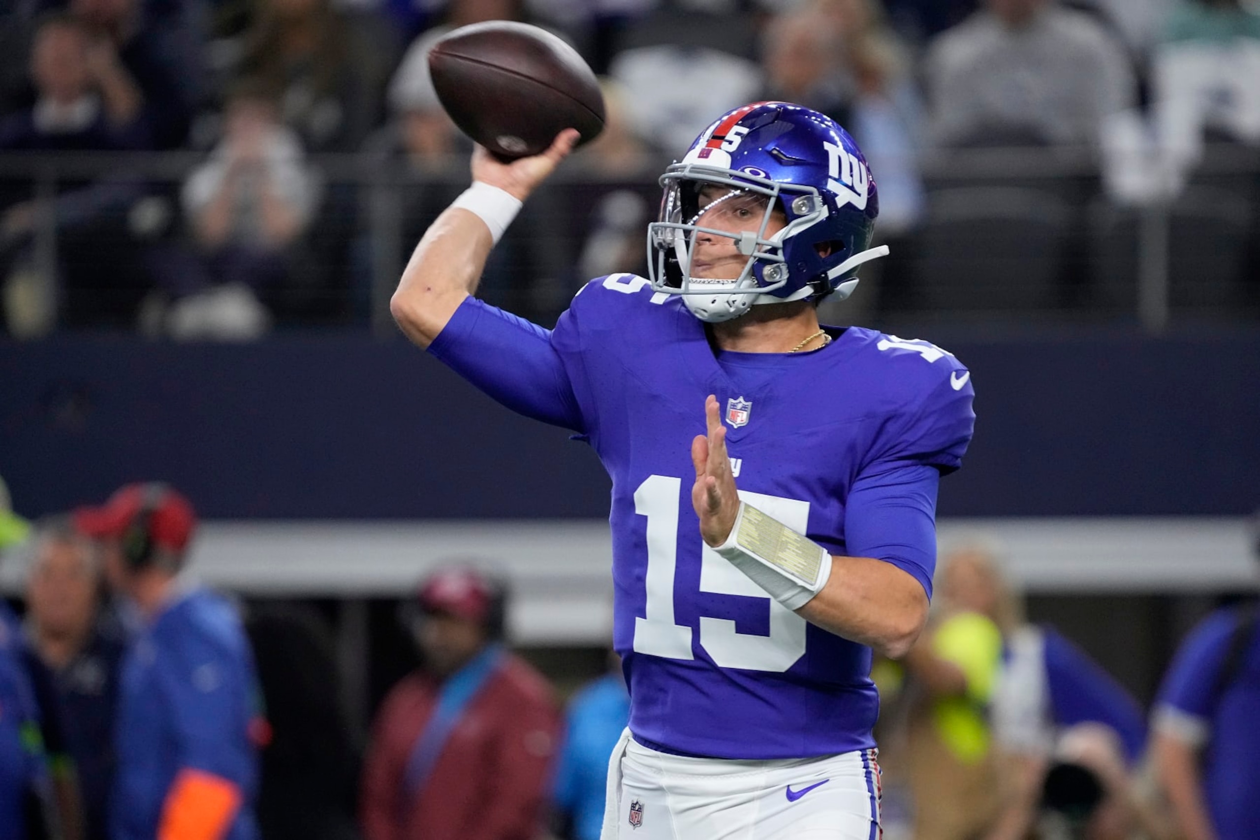 ARLINGTON, TEXAS - NOVEMBER 12: Tommy DeVito #15 of the New York Giants throws a pass during the second quarter against the Dallas Cowboys at AT&T Stadium on November 12, 2023 in Arlington, Texas. (Photo by Sam Hodde/Getty Images)