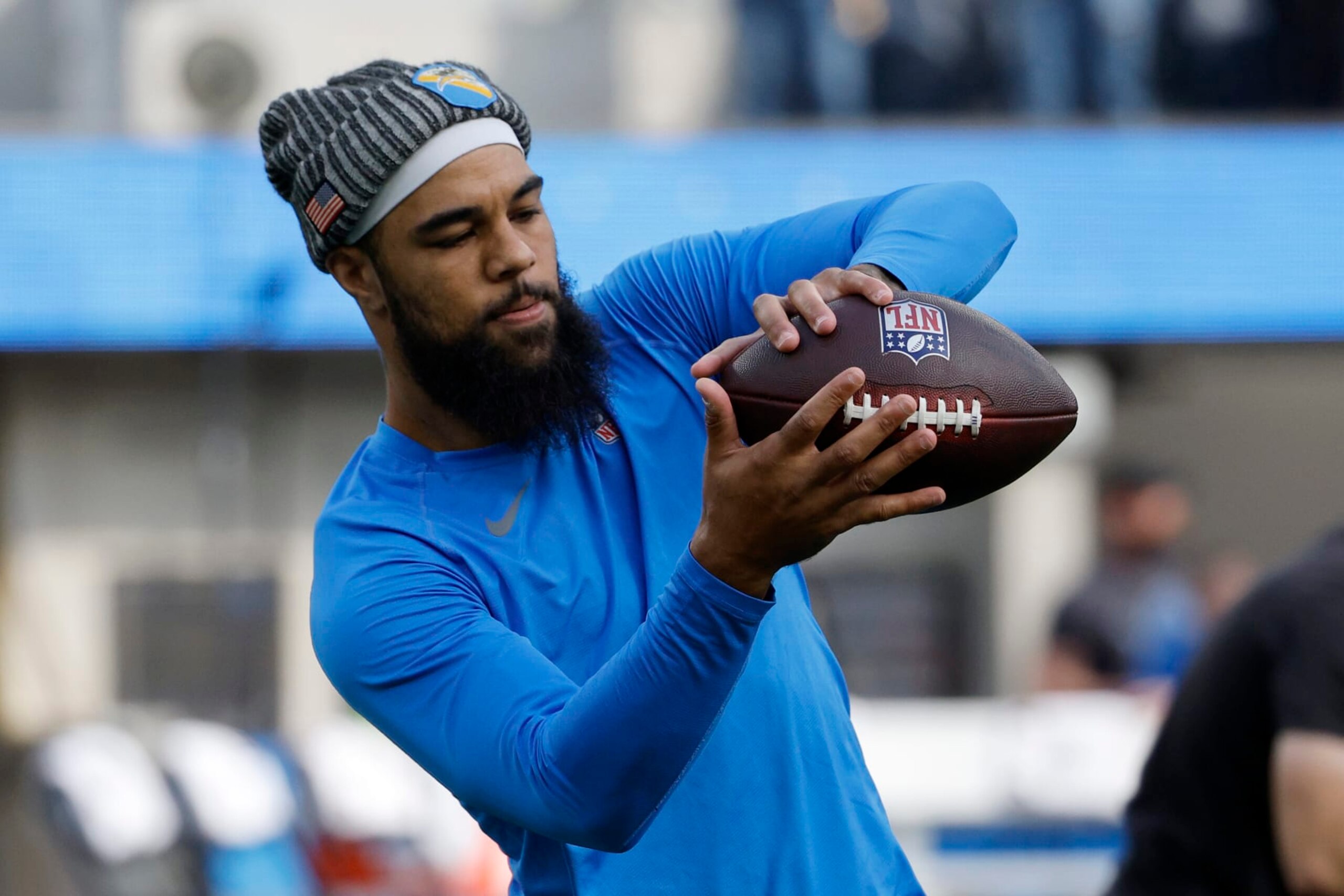 INGLEWOOD, CALIFORNIA - NOVEMBER 12: Keenan Allen #13 of the Los Angeles Chargers warns up before the game against the Detroit Lions at SoFi Stadium on November 12, 2023 in Inglewood, California. (Photo by Kevork Djansezian/Getty Images)