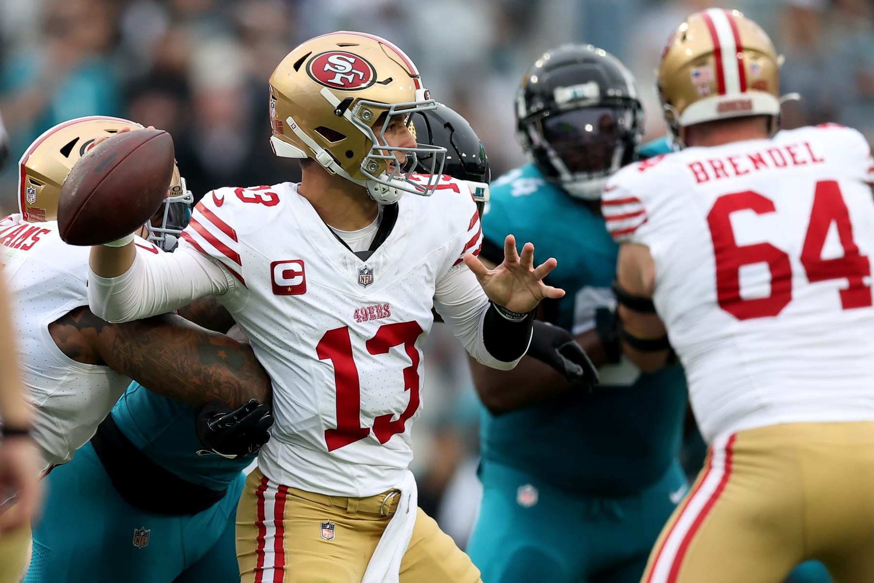JACKSONVILLE, FLORIDA - NOVEMBER 12: Brock Purdy #13 of the San Francisco 49ers looks to pass during the second quarter against the Jacksonville Jaguars at EverBank Stadium on November 12, 2023 in Jacksonville, Florida. (Photo by Mike Carlson/Getty Images)
