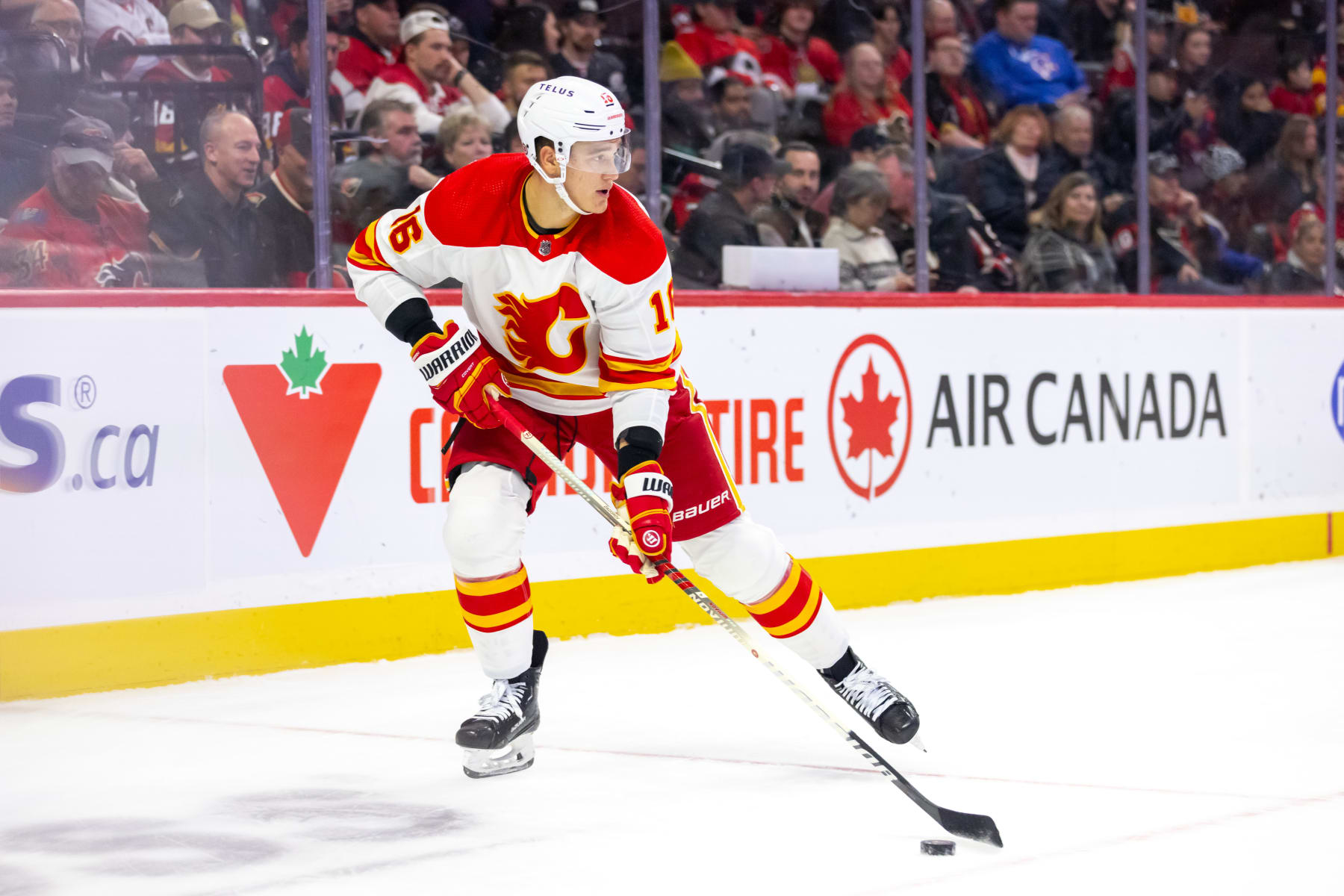 OTTAWA, ON - NOVEMBER 11: Calgary Flames Defenceman Nikita Zadorov (16) skates with the puck during second period National Hockey League action between the Calgary Flames and Ottawa Senators on November 11, 2023, at Canadian Tire Centre in Ottawa, ON, Canada. (Photo by Richard A. Whittaker/Icon Sportswire via Getty Images)