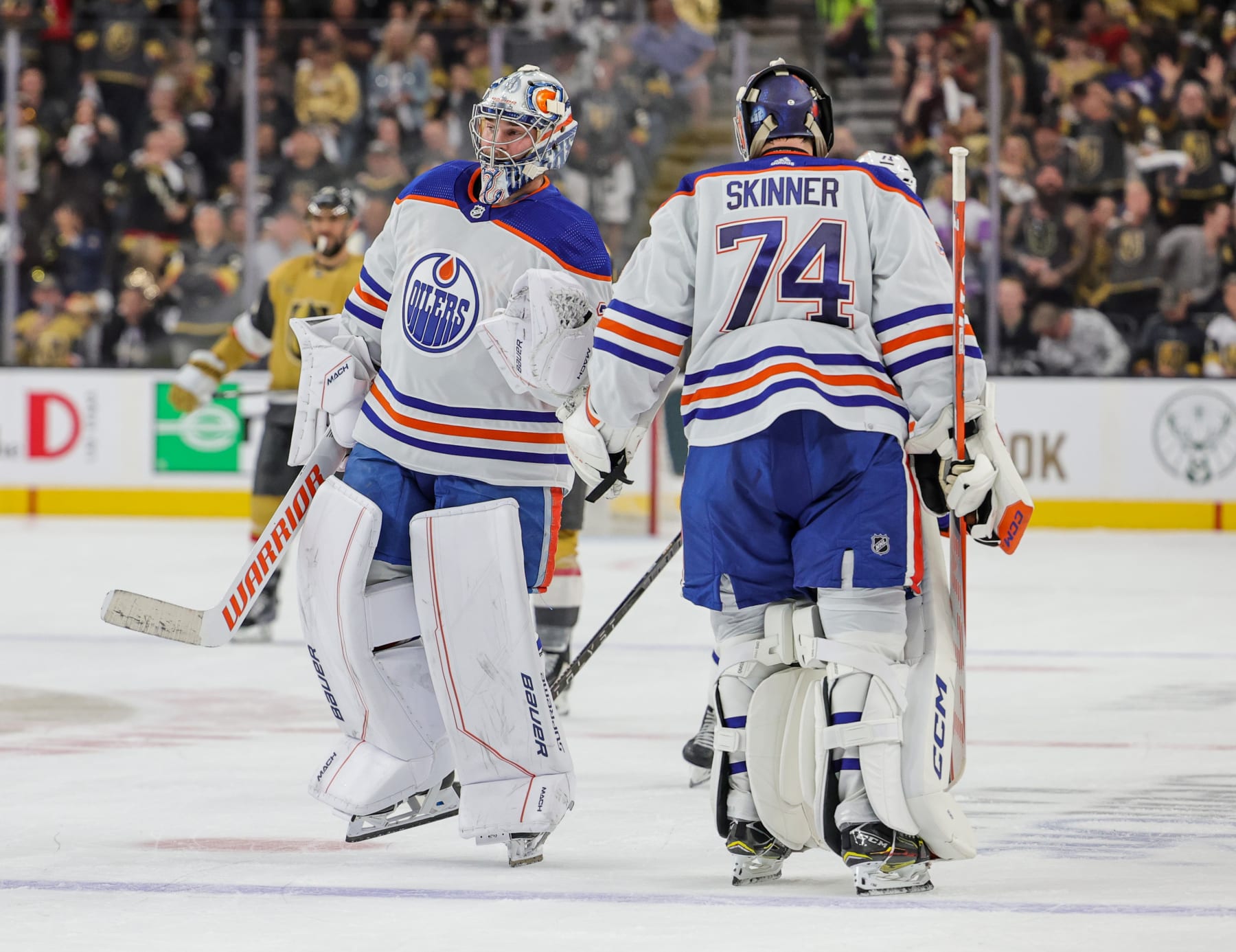 Edmonton Oilers goaltenders Jack Campbell (left) and Stuart Skinner. 