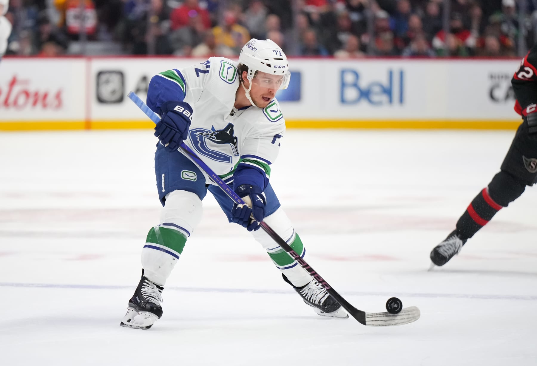 OTTAWA, CANADA - NOVEMBER 9:  Anthony Beauvillier #72 of the Vancouver Canucks skates against the Ottawa Senators at Canadian Tire Centre on November 9, 2023 in Ottawa, Ontario, Canada.  (Photo by André Ringuette/NHLI via Getty Images)