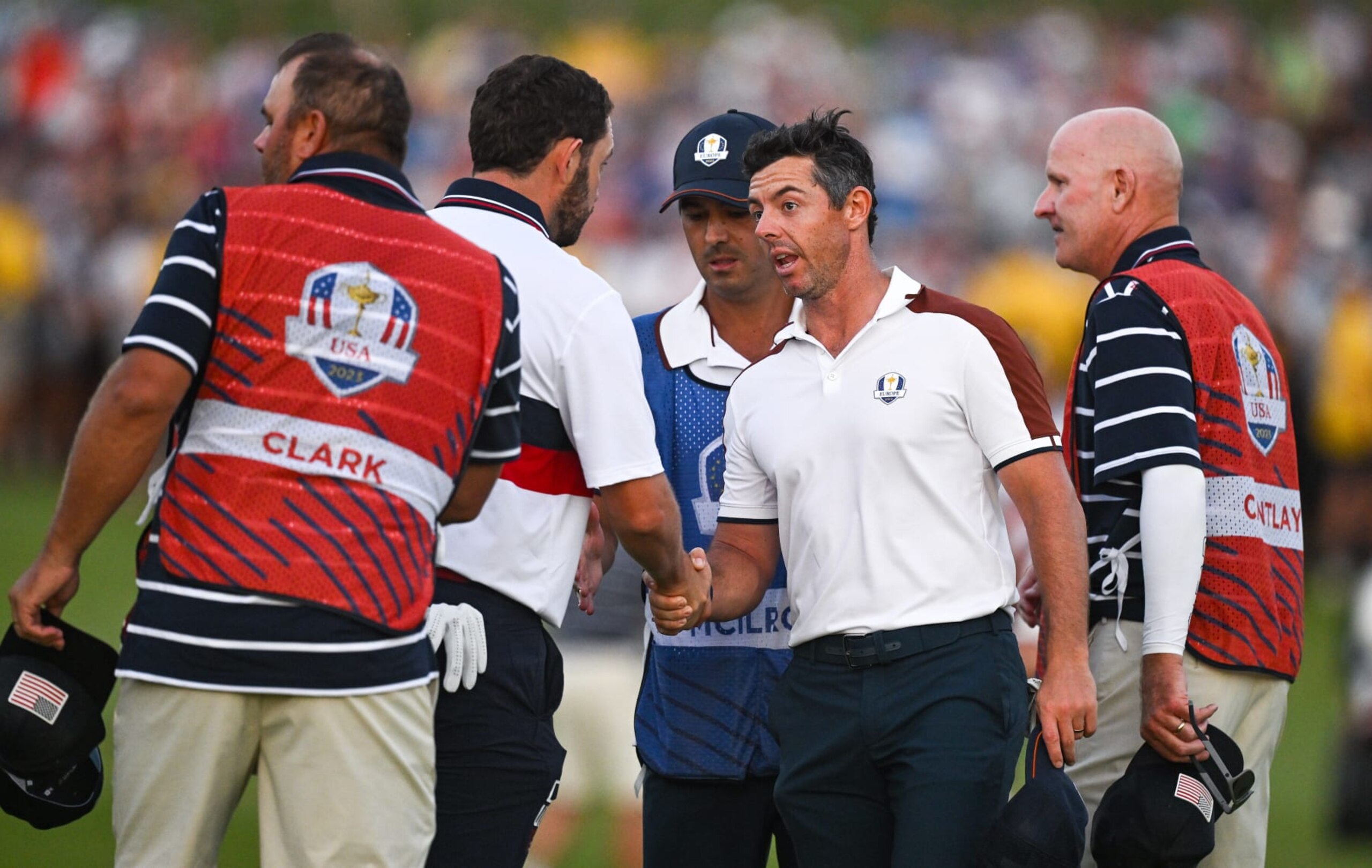 Rome , Italy - 30 September 2023; Rory McIlroy of Europe shakes hands with Patrick Cantlay of USA on the 18th green during the afternoon fourball matches on day two of the 2023 Ryder Cup at Marco Simone Golf and Country Club in Rome, Italy. (Photo By Brendan Moran/Sportsfile via Getty Images)