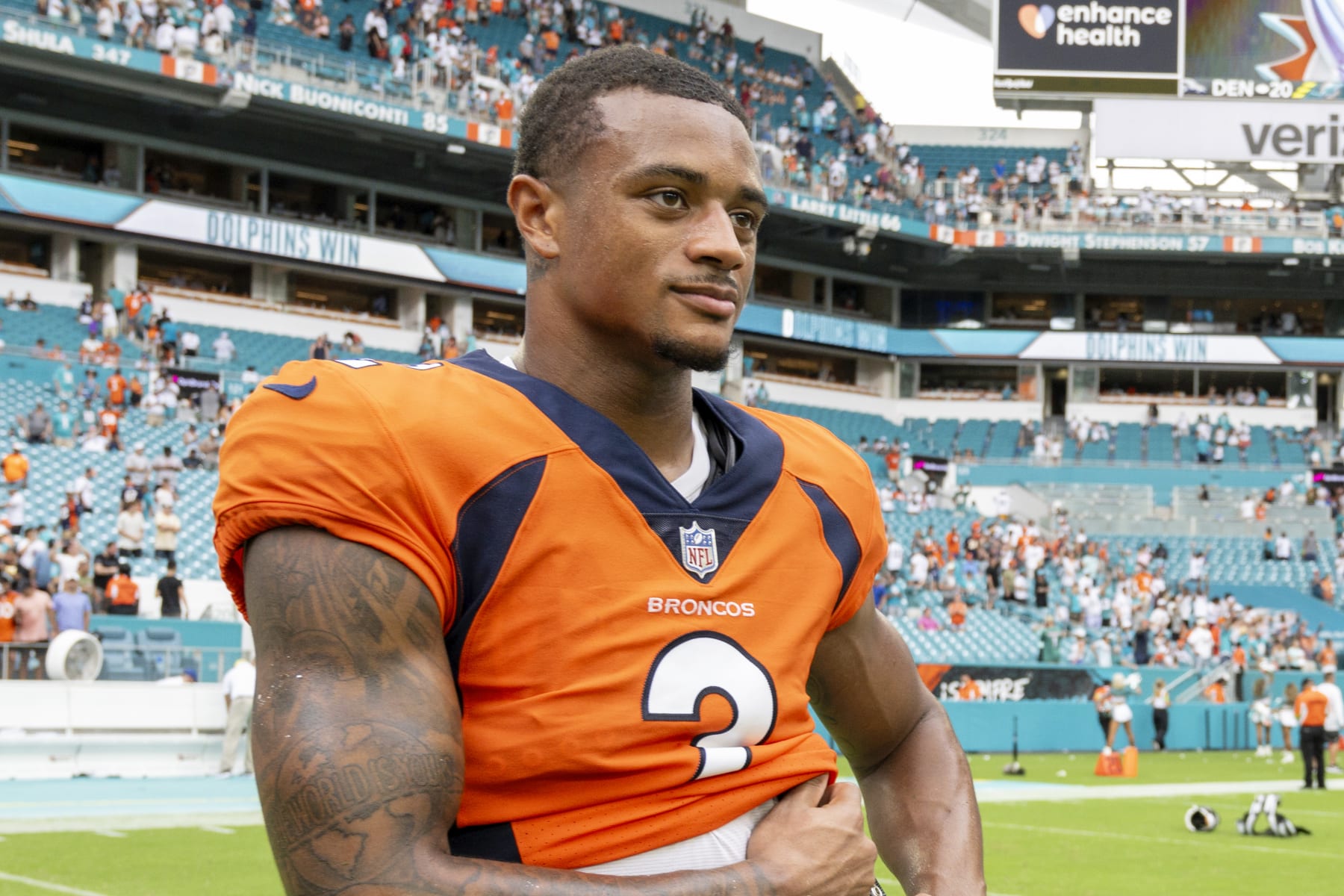 Denver Broncos cornerback Pat Surtain II (2) stands on the field after an NFL football game against the Miami Dolphins, Sunday, Sept. 24, 2023, in Miami Gardens, Fla. (AP Photo/Doug Murray)