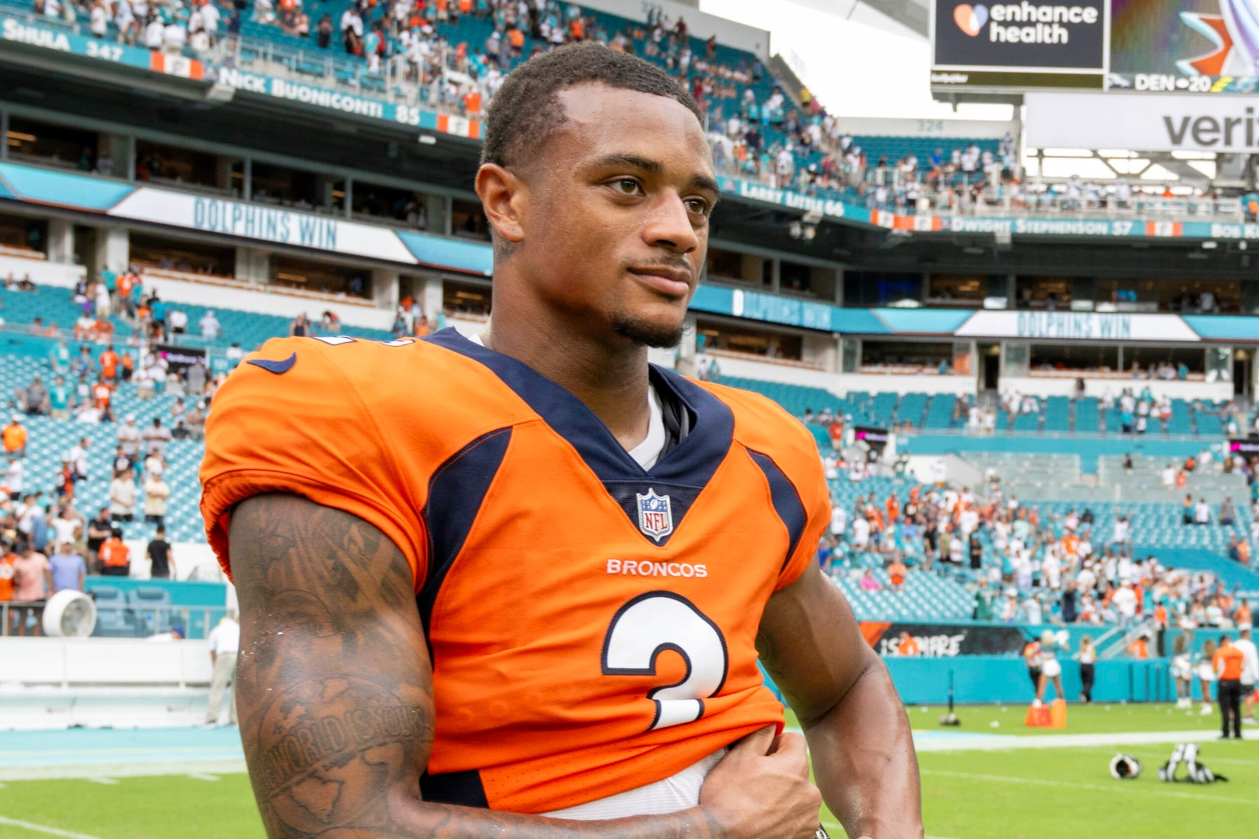 Denver Broncos cornerback Pat Surtain II (2) stands on the field after an NFL football game against the Miami Dolphins, Sunday, Sept. 24, 2023, in Miami Gardens, Fla. (AP Photo/Doug Murray)