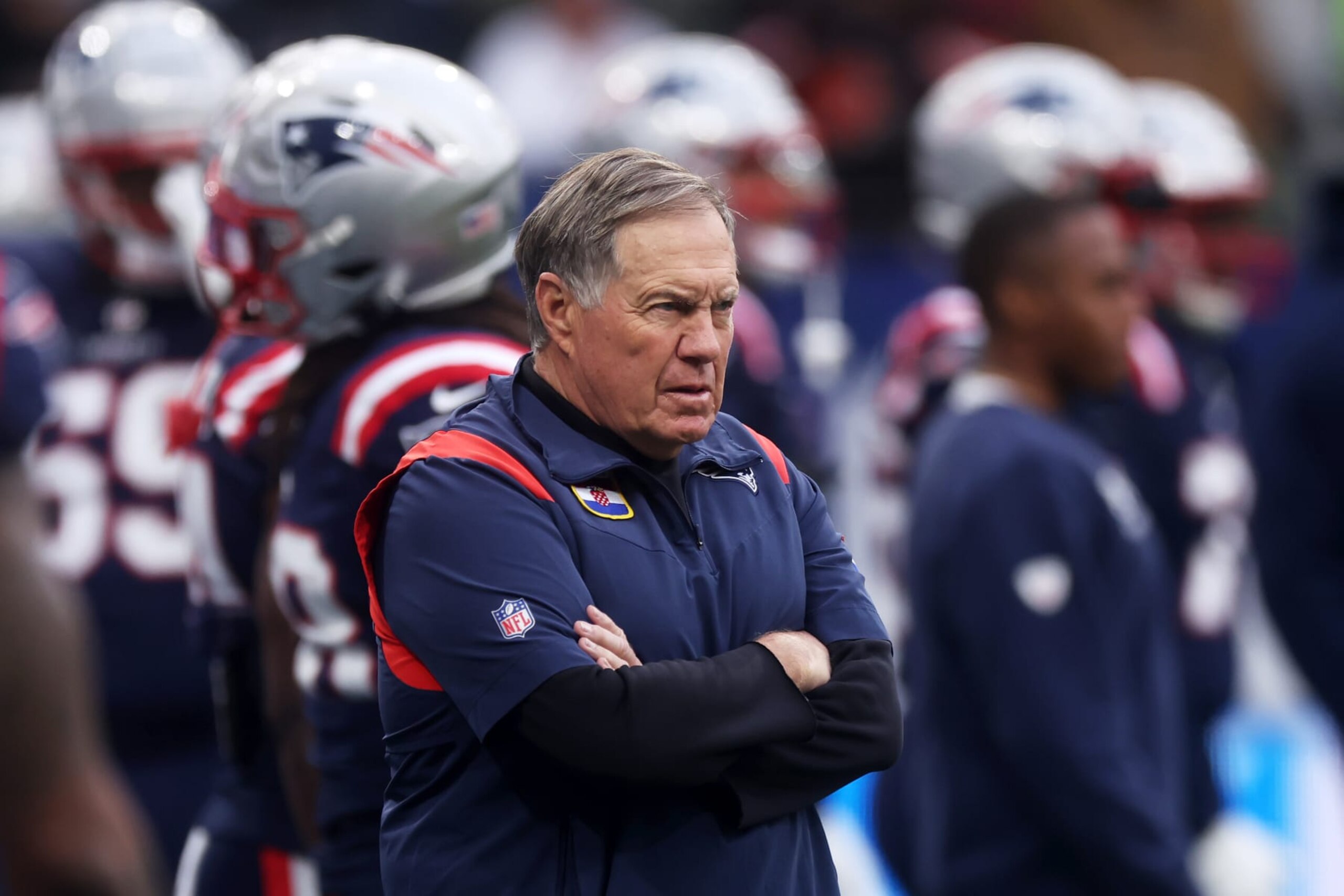 FRANKFURT AM MAIN, GERMANY - NOVEMBER 12: Bill Belichick, Head Coach of the New England Patriots, looks on prior to the NFL match between Indianapolis Colts and New England Patriots at Deutsche Bank Park on November 12, 2023 in Frankfurt am Main, Germany. (Photo by Alex Grimm/Getty Images) FRANKFURT AM MAIN, GERMANY - NOVEMBER 12: Bill Belichick, Head Coach of the New England Patriots, looks on prior to the NFL match between Indianapolis Colts and New England Patriots at Deutsche Bank Park on November 12, 2023 in Frankfurt am Main, Germany. (Photo by Alex Grimm/Getty Images)
