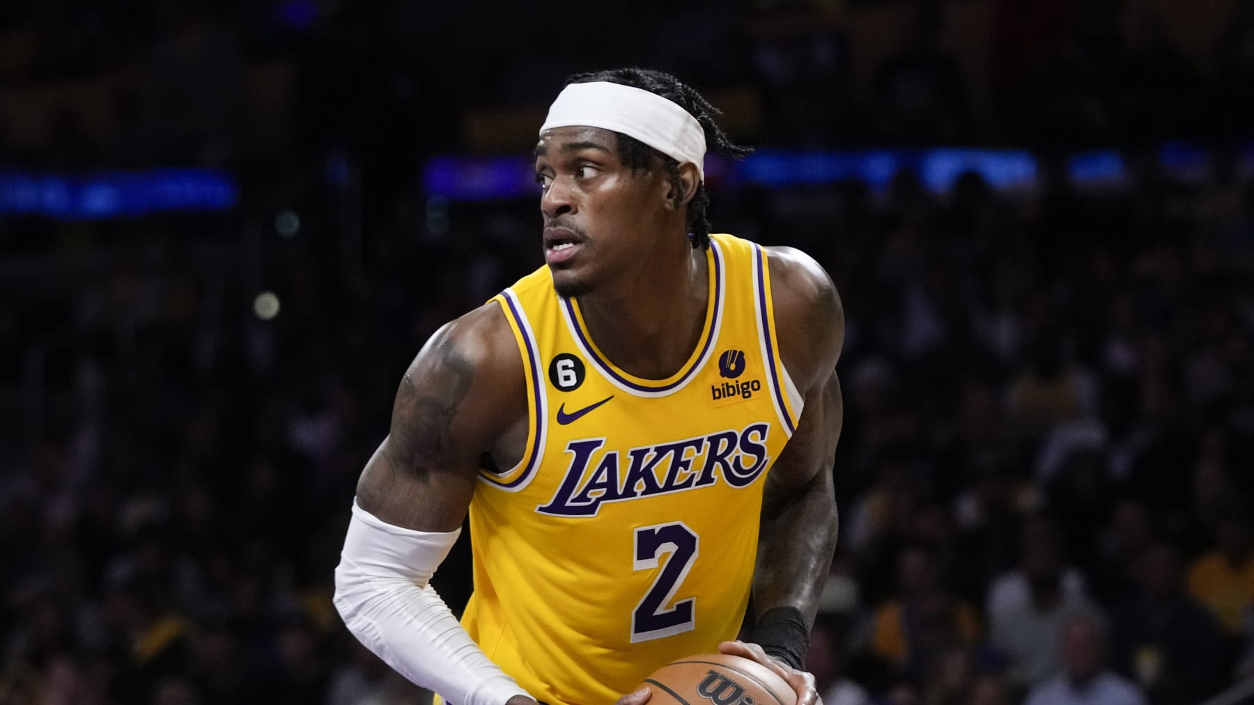 Los Angeles Lakers' Jarred Vanderbilt looks to pass during the second half in Game 4 of a first-round NBA basketball playoff series against the Memphis Grizzlies Monday, April 24, 2023, in Los Angeles. (AP Photo/Jae C. Hong)
