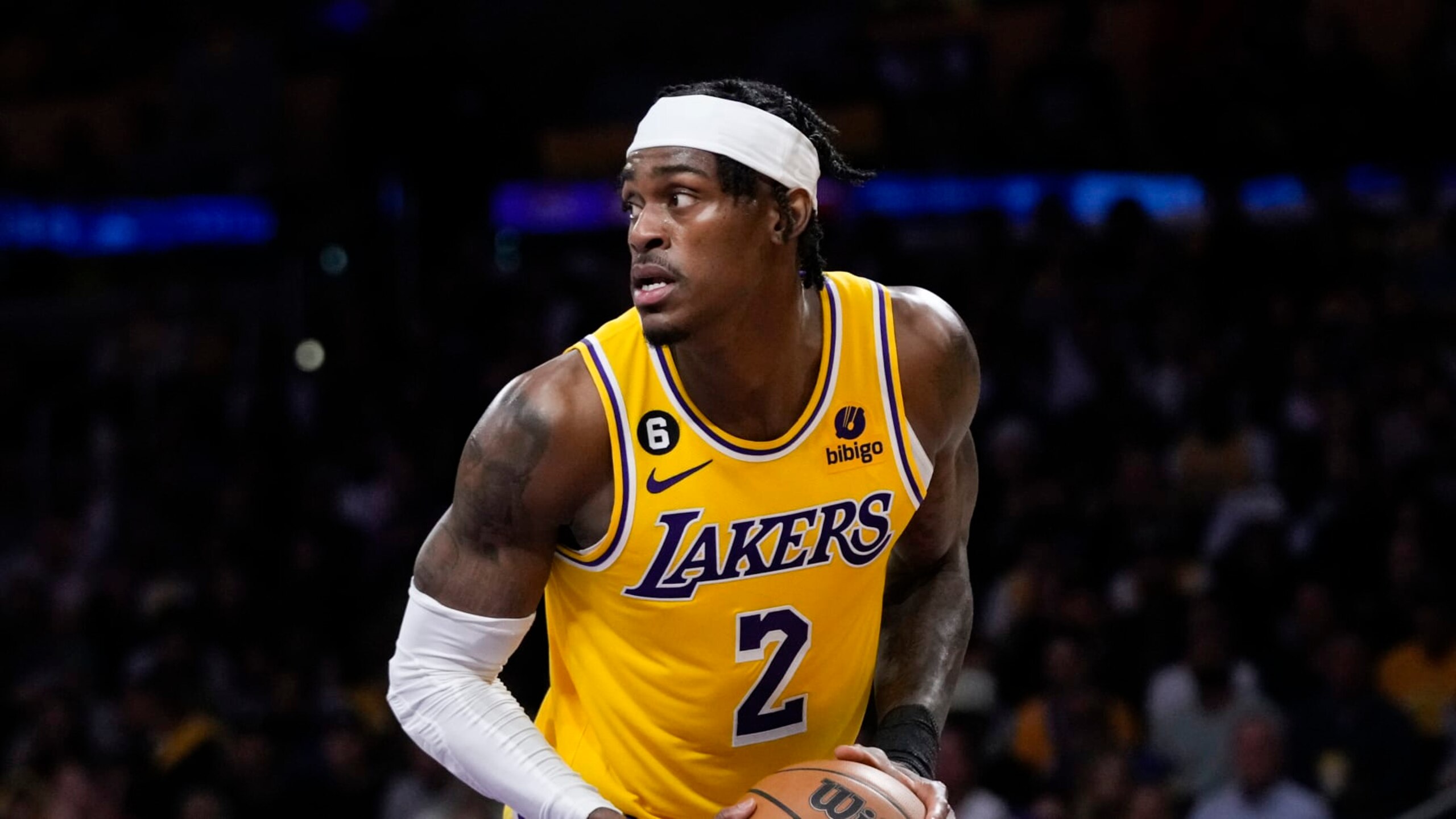 Los Angeles Lakers' Jarred Vanderbilt looks to pass during the second half in Game 4 of a first-round NBA basketball playoff series against the Memphis Grizzlies Monday, April 24, 2023, in Los Angeles. (AP Photo/Jae C. Hong)