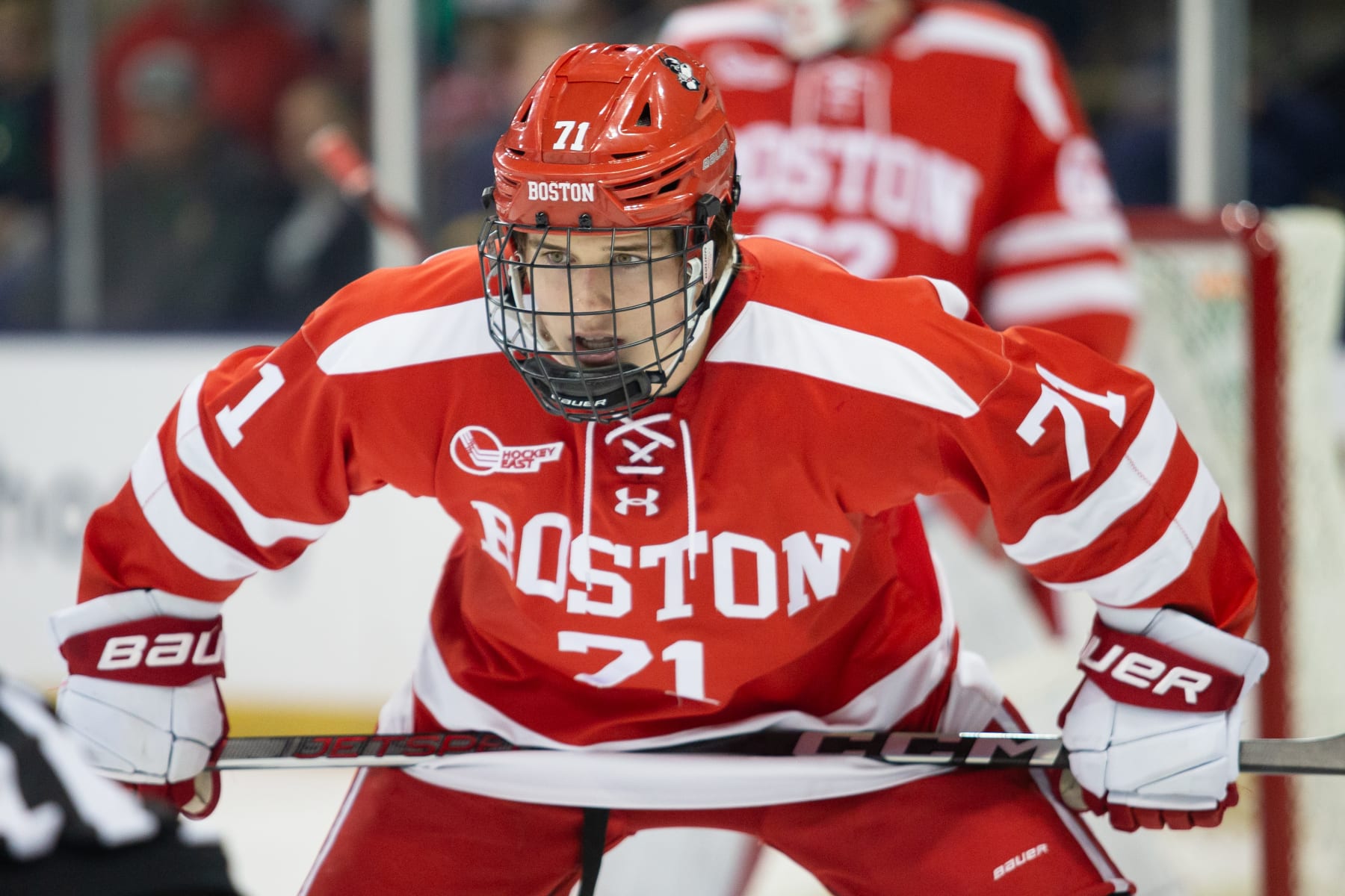 SOUTH BEND, IN - OCTOBER 20: Macklin Celebrini #71 of Boston University prepares for the faceoff during a game between Boston University and University of Notre Dame at Compton Family Ice Arena on October 20, 2023 in South Bend, Indiana. (Photo by Michael Miller/ISI Photos/Getty Images)