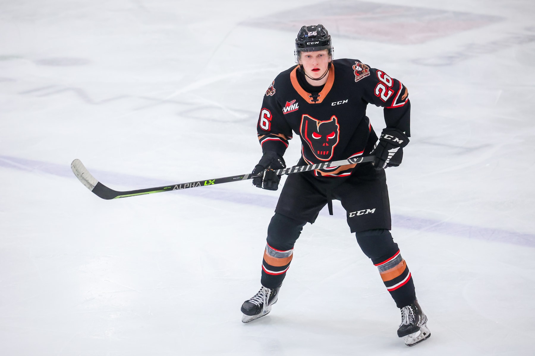 WINNIPEG, CANADA - FEBRUARY 08: Carter Yakemchuk #26 of the Calgary Hitmen skates during second period action against the Winnipeg ICE at Wayne Fleming Arena on February 08, 2023 in Winnipeg, Manitoba, Canada. (Photo by Jonathan Kozub/Getty Images)