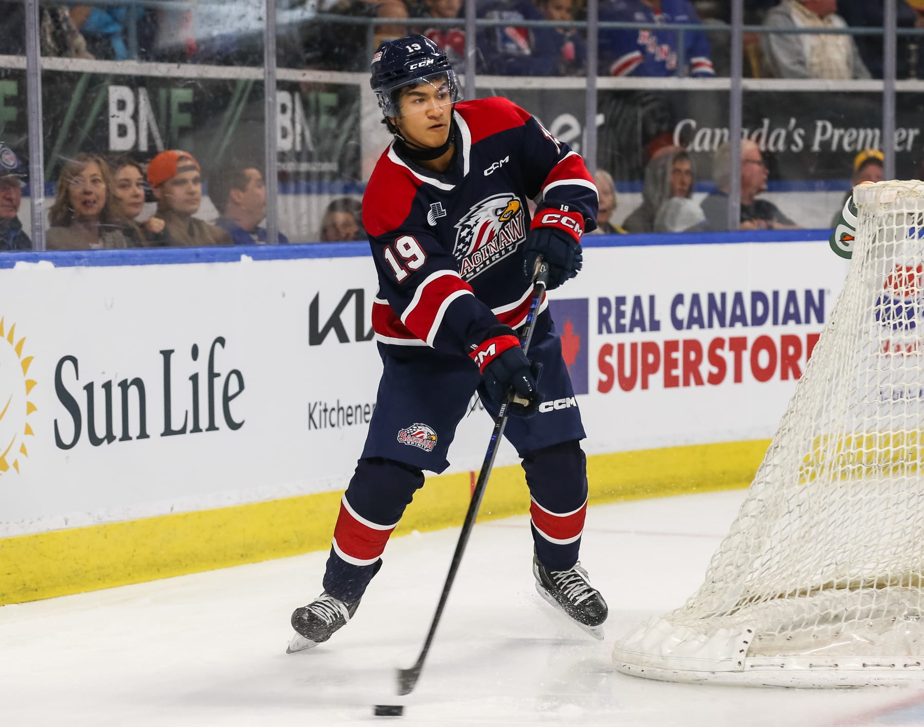 KITCHENER, CANADA - SEPTEMBER 29: Zayne Parekh #19 of the Saginaw Spirit skates against the Kitchener Rangers at Kitchener Memorial Auditorium on September 29, 2023 in Kitchener, Ontario, Canada. (Photo by Chris Tanouye/Getty Images)