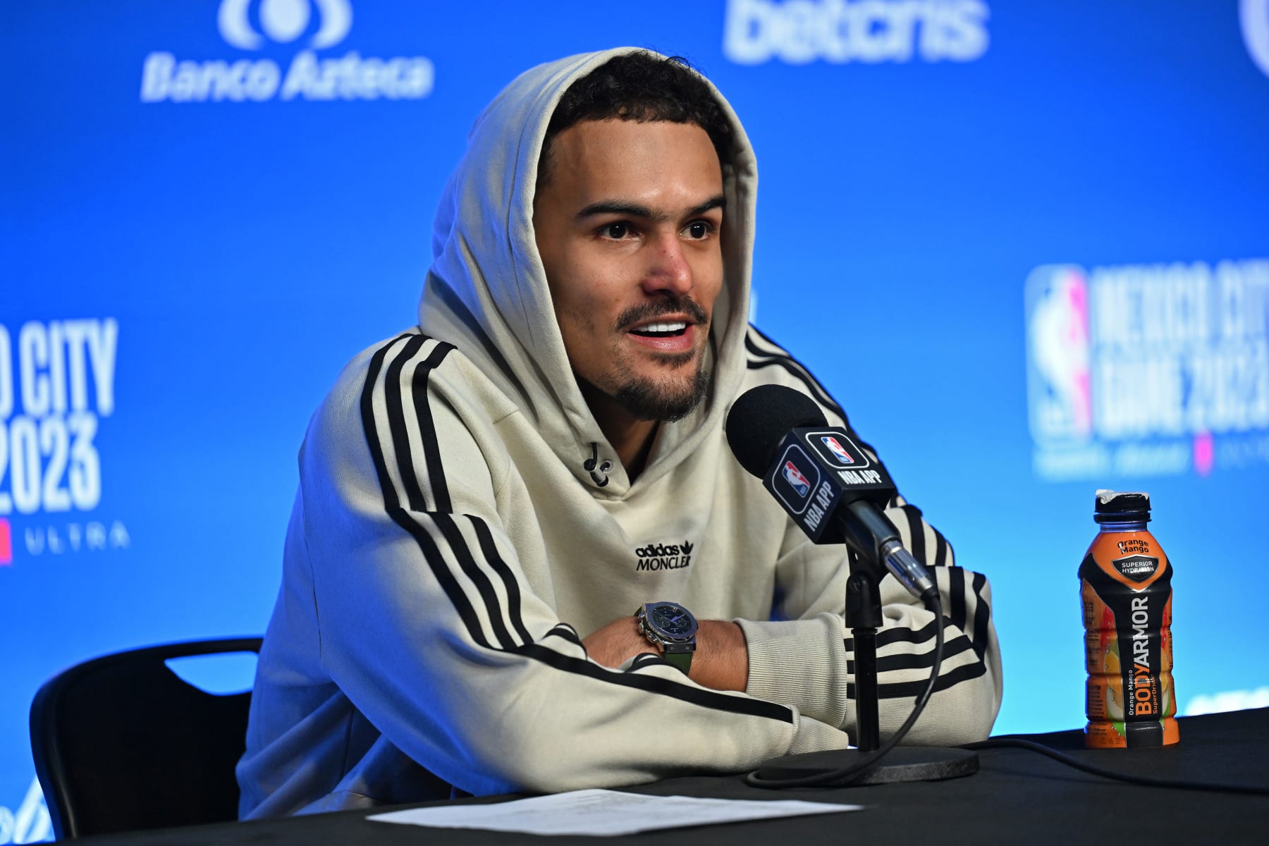 MEXICO CITY, MX - NOVEMBER 9: Trae Young #11 of the Atlanta Hawks talks to the media after the game against the Orlando Magic as part of 2023 NBA Mexico Games on November 9, 2023 at Arena Ciudad de Mexico in Mexico City, Mexico. NOTE TO USER: User expressly acknowledges and agrees that, by downloading and or using this photograph, User is consenting to the terms and conditions of the Getty Images License Agreement. Mandatory Copyright Notice: Copyright 2023 NBAE (Photo by Adam Hagy/NBAE via Getty Images)