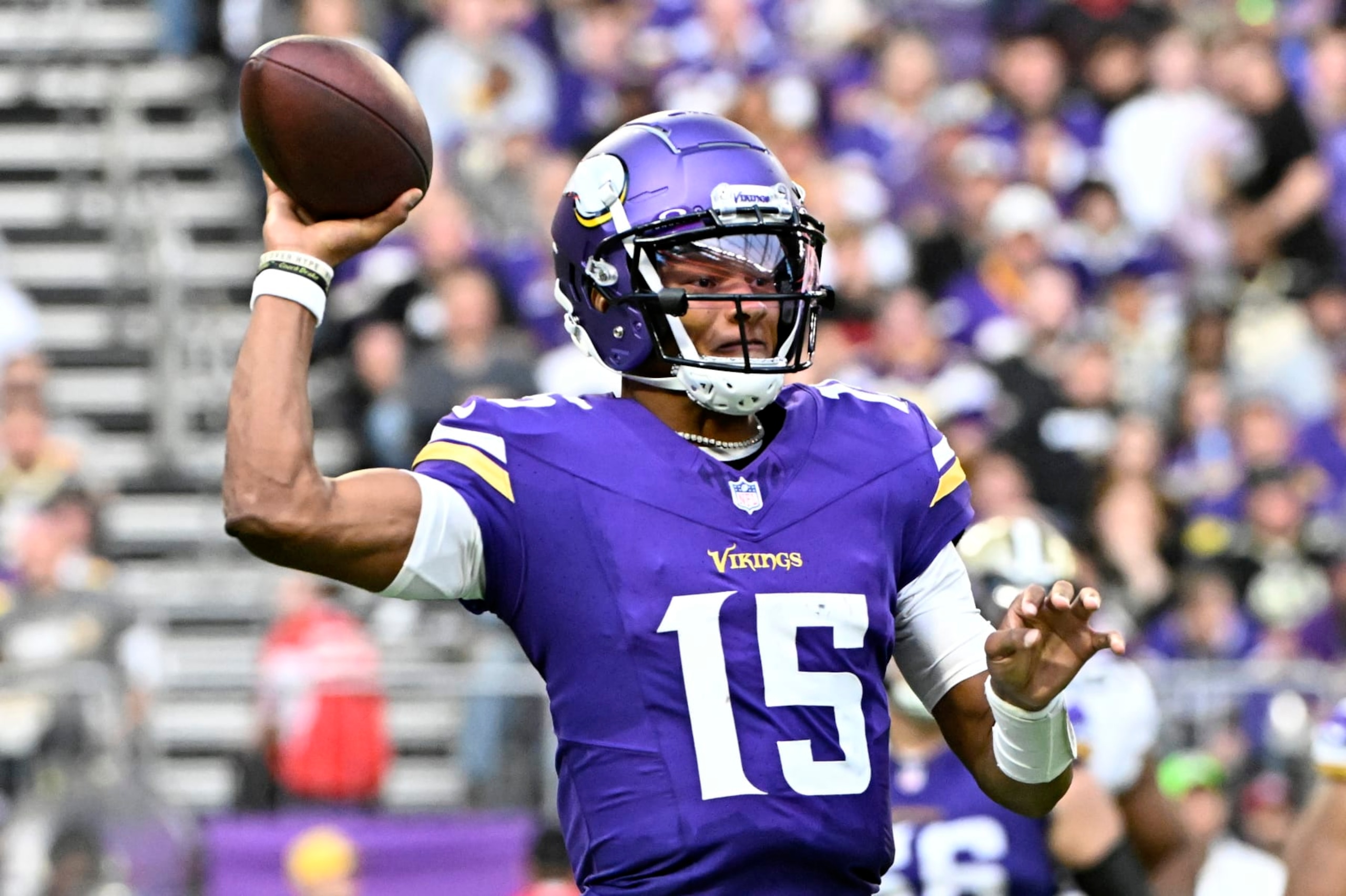 MINNEAPOLIS, MINNESOTA - NOVEMBER 12: Joshua Dobbs #15 of the Minnesota Vikings throws a pass against the New Orleans Saints during the fourth quarter at U.S. Bank Stadium on November 12, 2023 in Minneapolis, Minnesota. (Photo by Stephen Maturen/Getty Images)