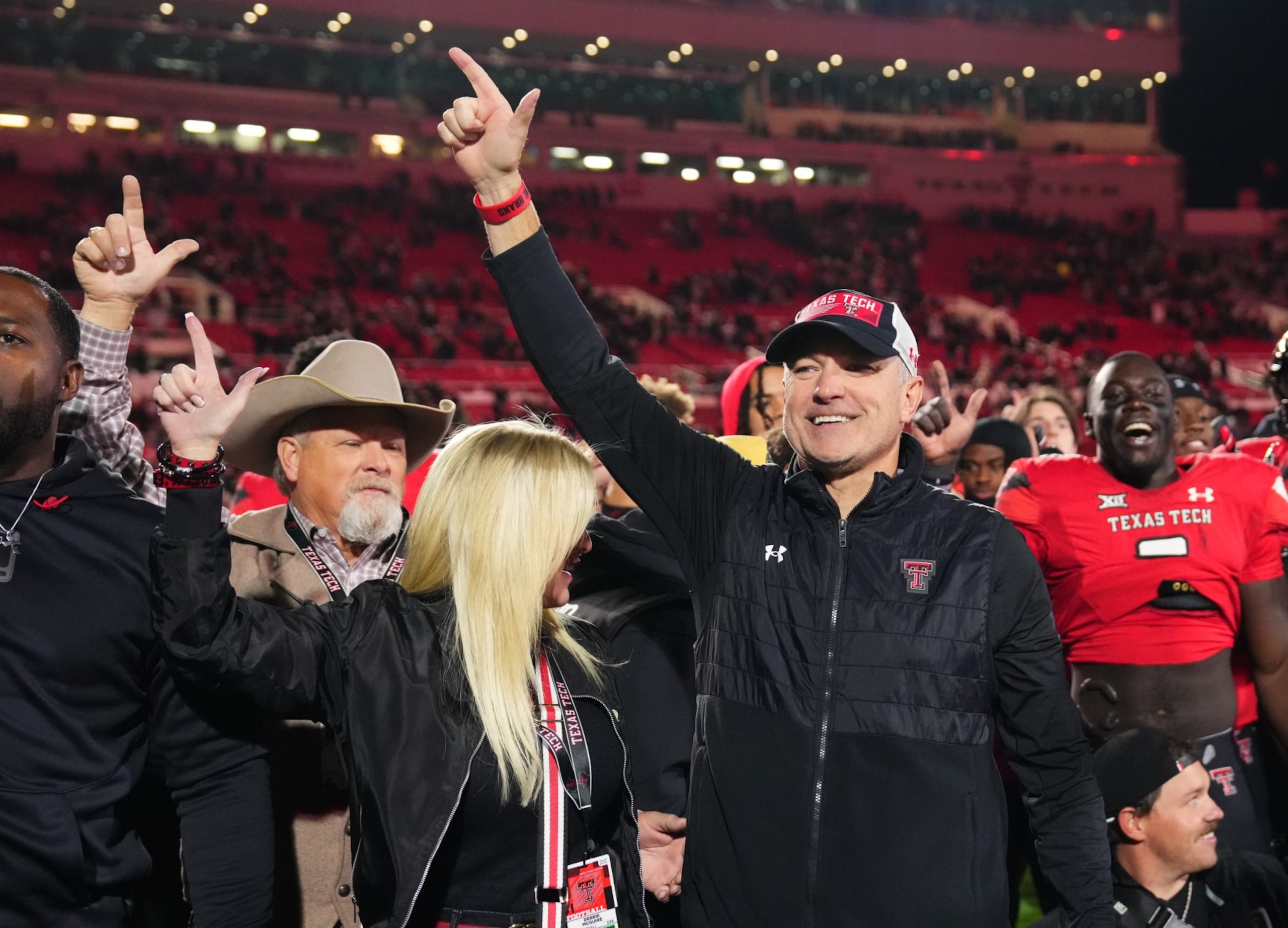 LUBBOCK, TEXAS - NOVEMBER 02: Head coach Joey McGuire of the Texas Tech Red Raiders reacts after the victory against the TCU Horned Frogs at Jones AT&T Stadium on November 02, 2023 in Lubbock, Texas. (Photo by Josh Hedges/Getty Images)