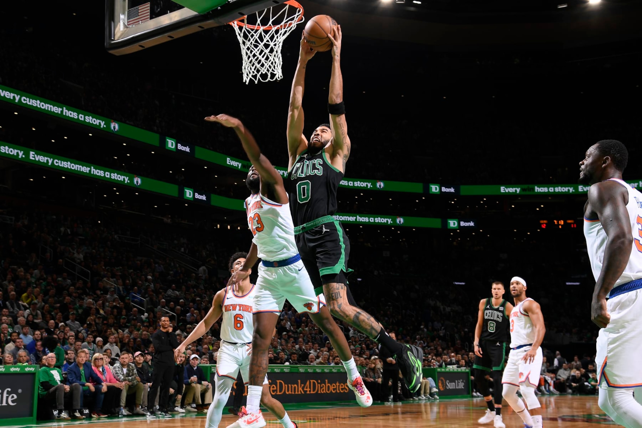 BOSTON, MA - NOVEMBER 13: Jayson Tatum #0 of the Boston Celtics drives to the basket during the game against the New York Knicks on November 13, 2023 at the TD Garden in Boston, Massachusetts. NOTE TO USER: User expressly acknowledges and agrees that, by downloading and or using this photograph, User is consenting to the terms and conditions of the Getty Images License Agreement. Mandatory Copyright Notice: Copyright 2023 NBAE  (Photo by Brian Babineau/NBAE via Getty Images)