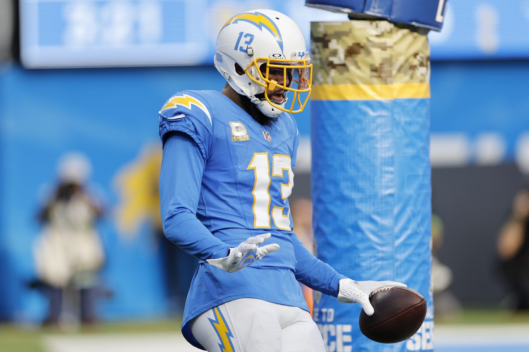 INGLEWOOD, CALIFORNIA - NOVEMBER 12: Keenan Allen #13 of the Los Angeles Chargers celebrates after a touchdown catch during the second quarter against the Detroit Lions at SoFi Stadium on November 12, 2023 in Inglewood, California. (Photo by Kevork Djansezian/Getty Images) INGLEWOOD, CALIFORNIA - NOVEMBER 12: Keenan Allen #13 of the Los Angeles Chargers celebrates after a touchdown catch during the second quarter against the Detroit Lions at SoFi Stadium on November 12, 2023 in Inglewood, California. (Photo by Kevork Djansezian/Getty Images)